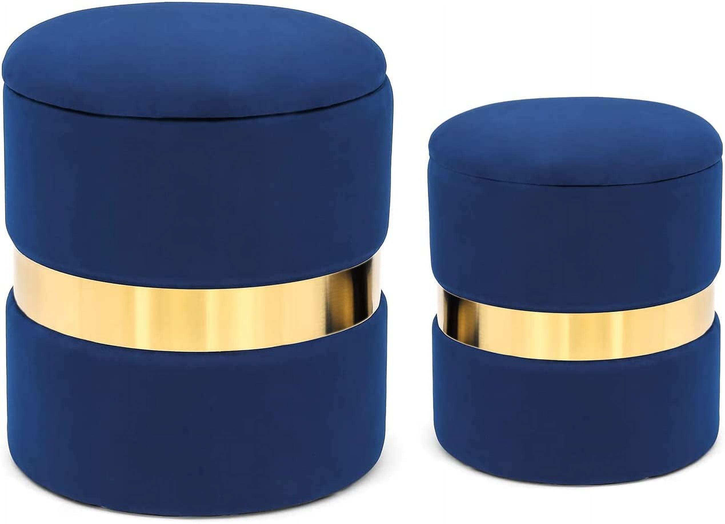 Blue Velvet Round Storage Ottoman Set with Gold Band