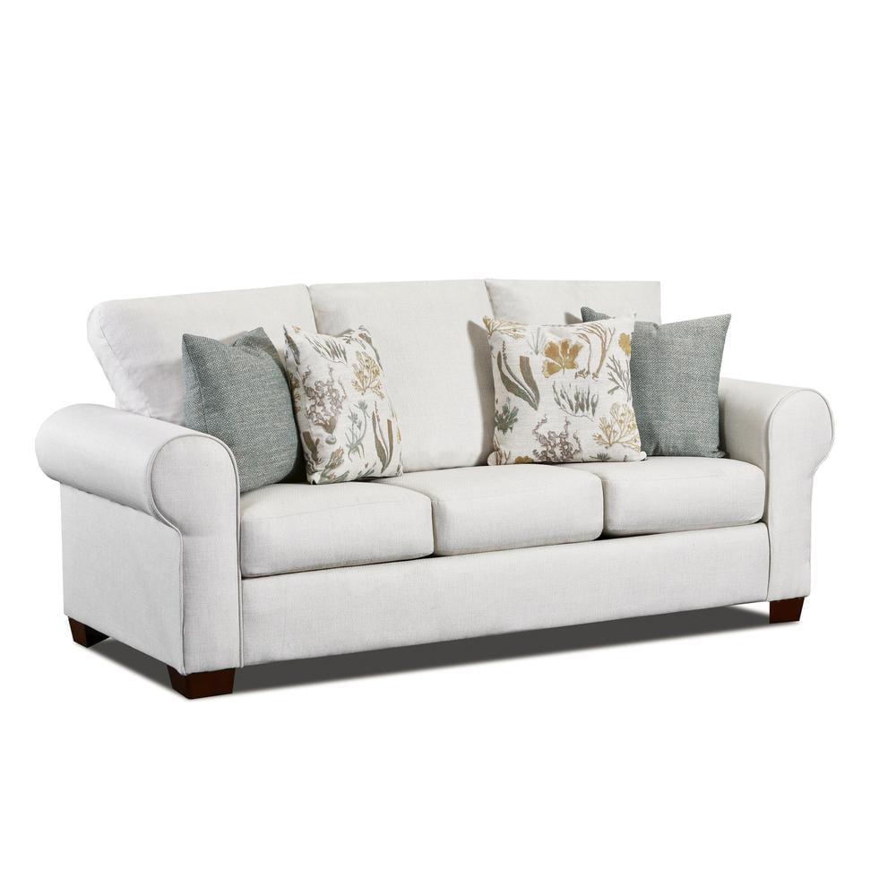 White Polyester Round Arm Sofa with Teal and Tan Pillows