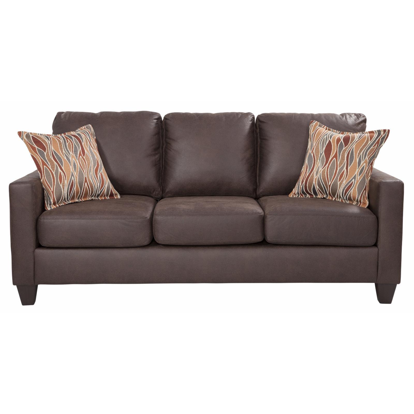 Pinto Brown Faux Leather Track Arm Sofa with Accent Pillows