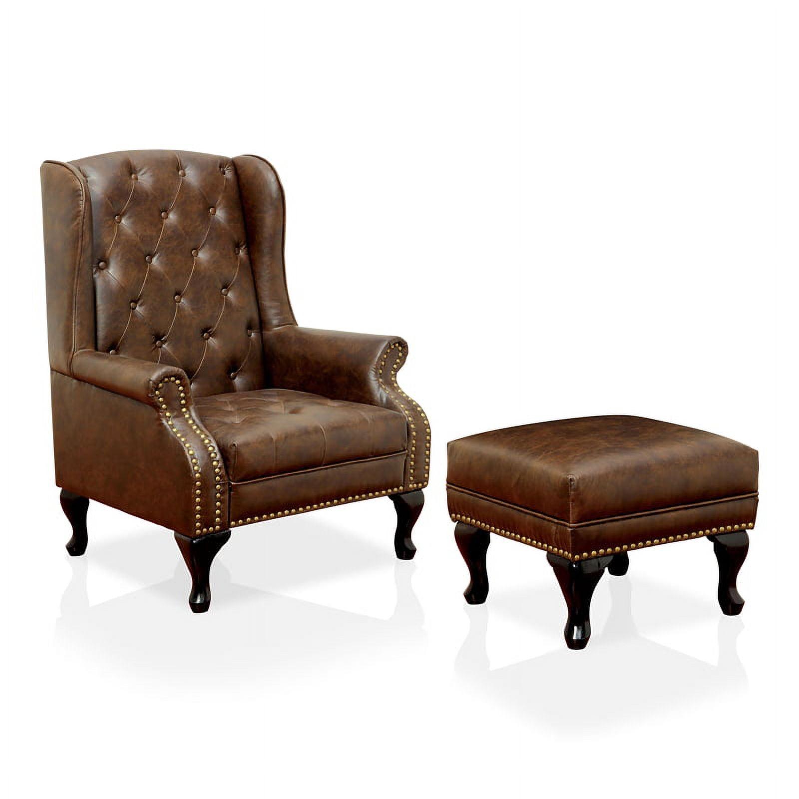 Rustic Brown Faux Leather Tufted Accent Chair with Ottoman