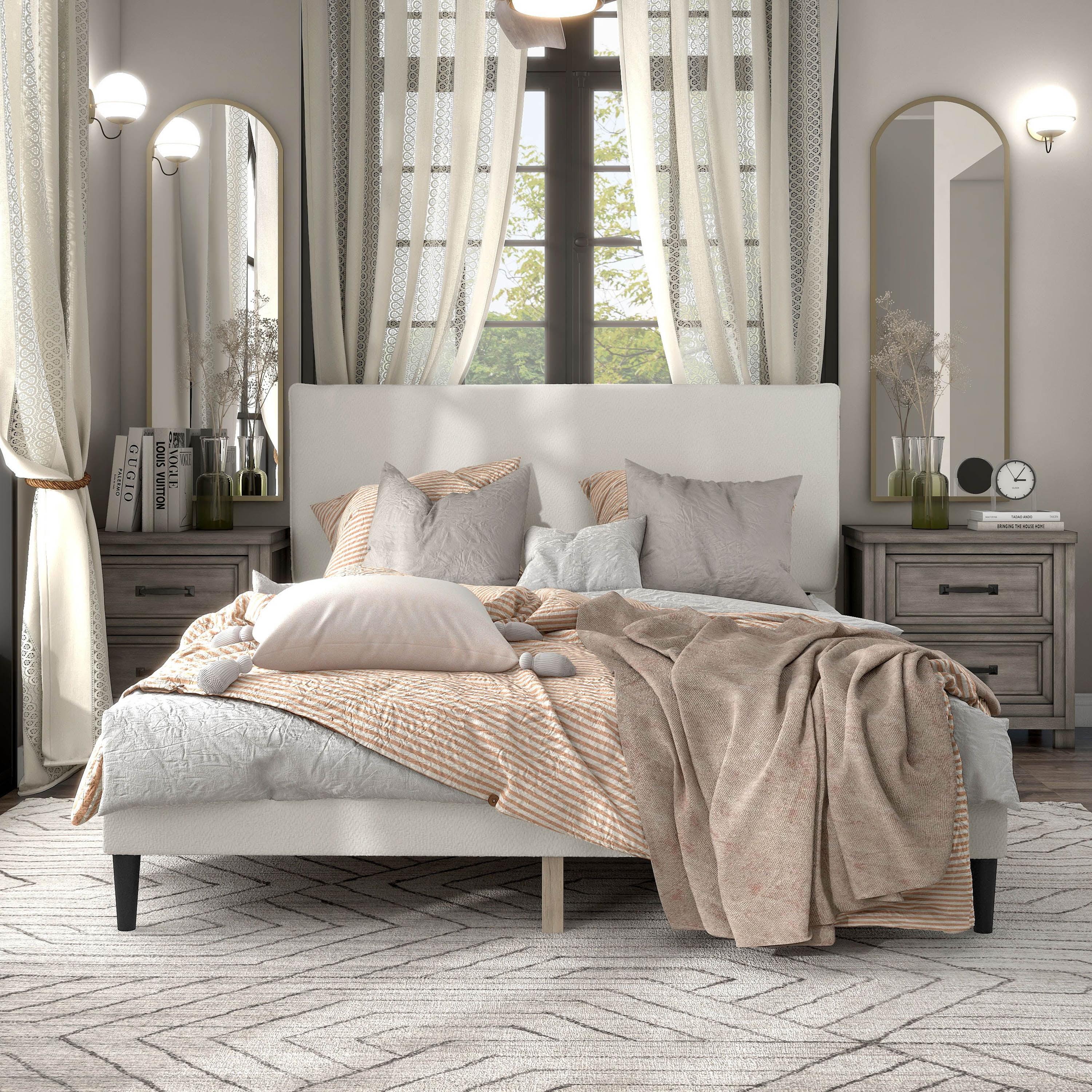 24/7 Shop At Home Queen Heartwild Modern Boucle Upholstered Pillow Headboard Platform Bed: Smooth Finish & Wood Frame