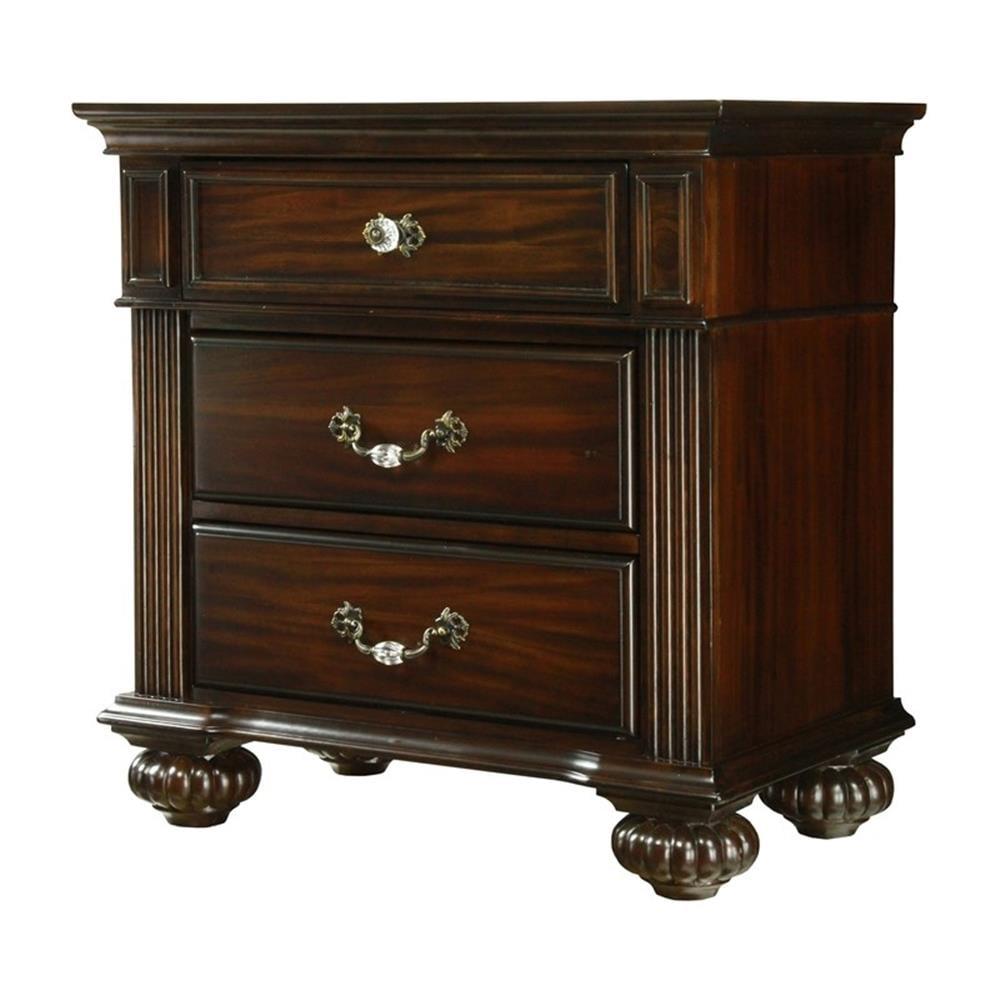 Dark Walnut Traditional 3-Drawer Nightstand with Antique Brass Handles