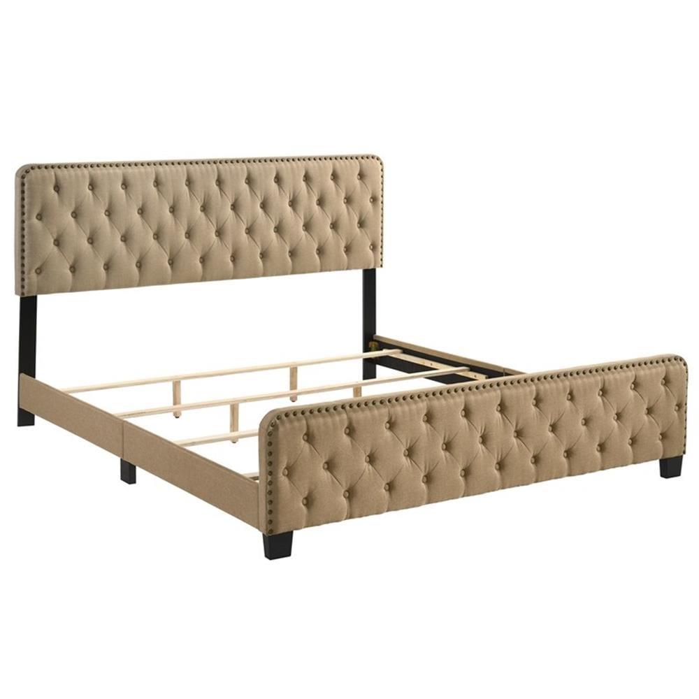 Regal King Brown Upholstered Platform Bed with Nailhead Trim