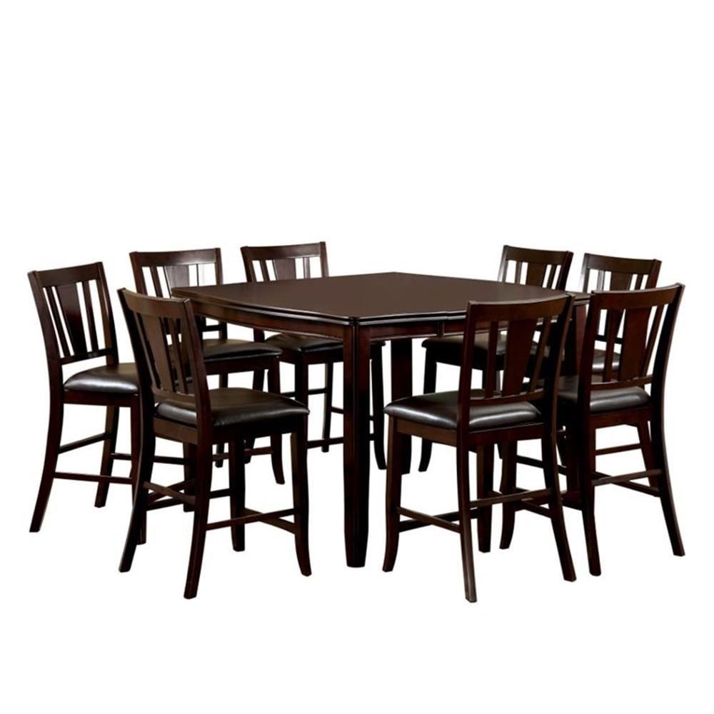 Espresso Wood 9-Piece Counter Height Dining Set with Red Faux Leather Seats