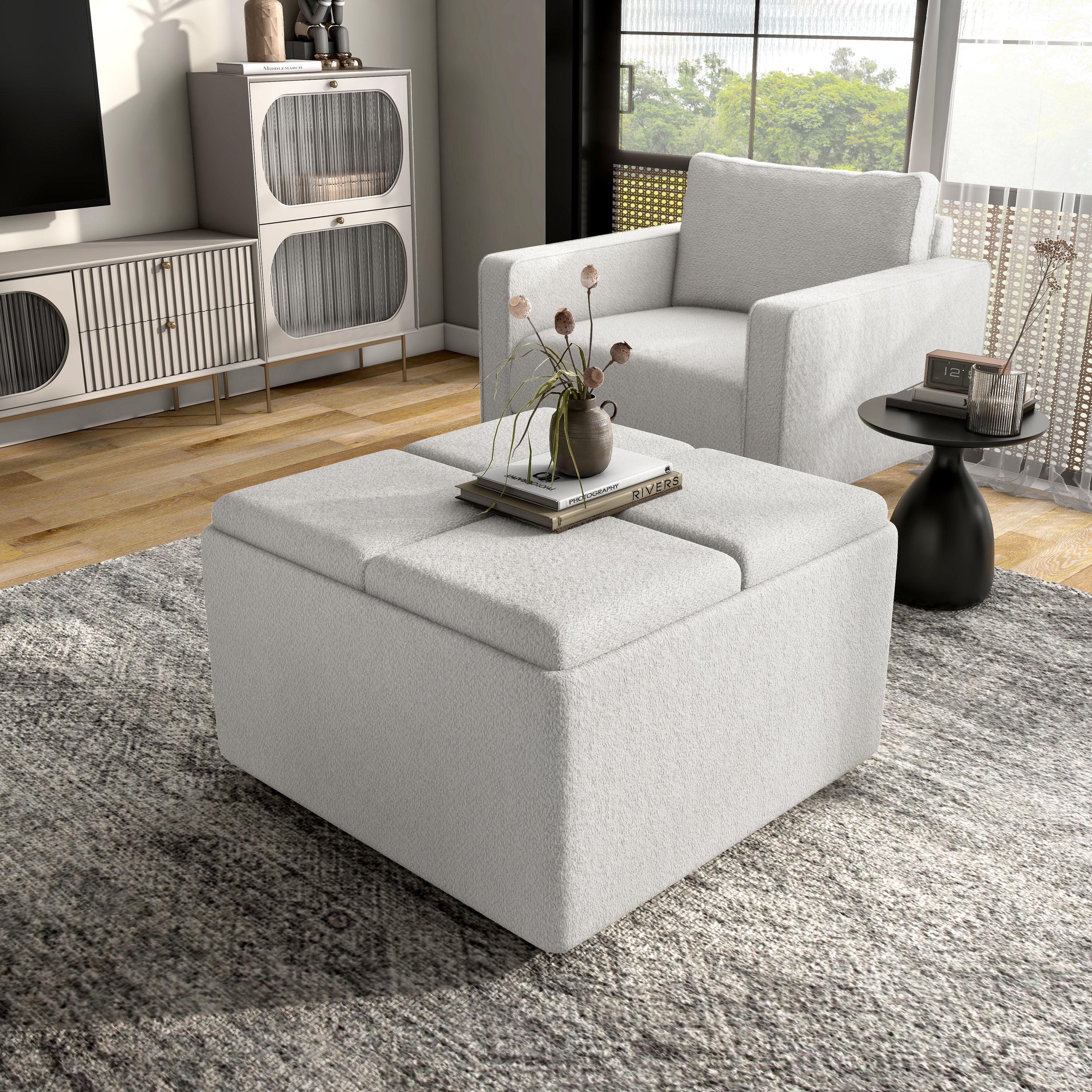 White Boucle Fabric Square Ottoman with Tray Top