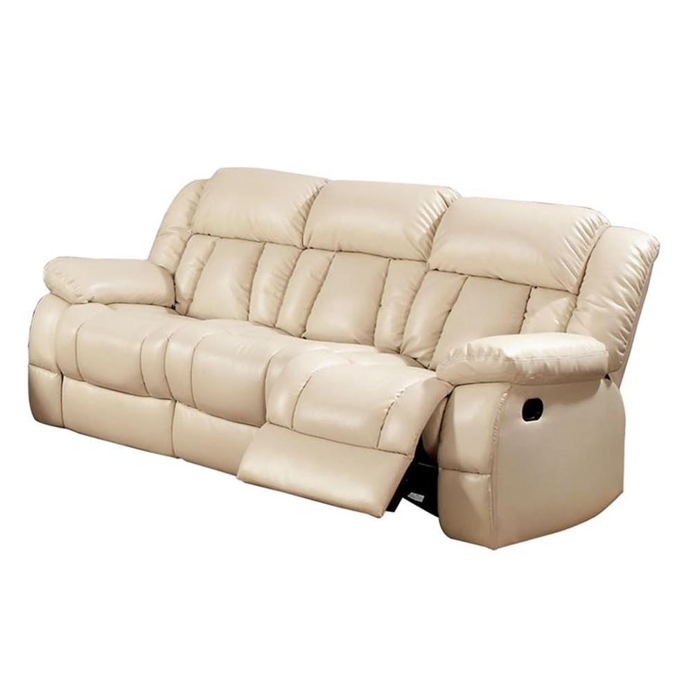 Ivory Beige Faux Leather Reclining Sofa with Cup Holder