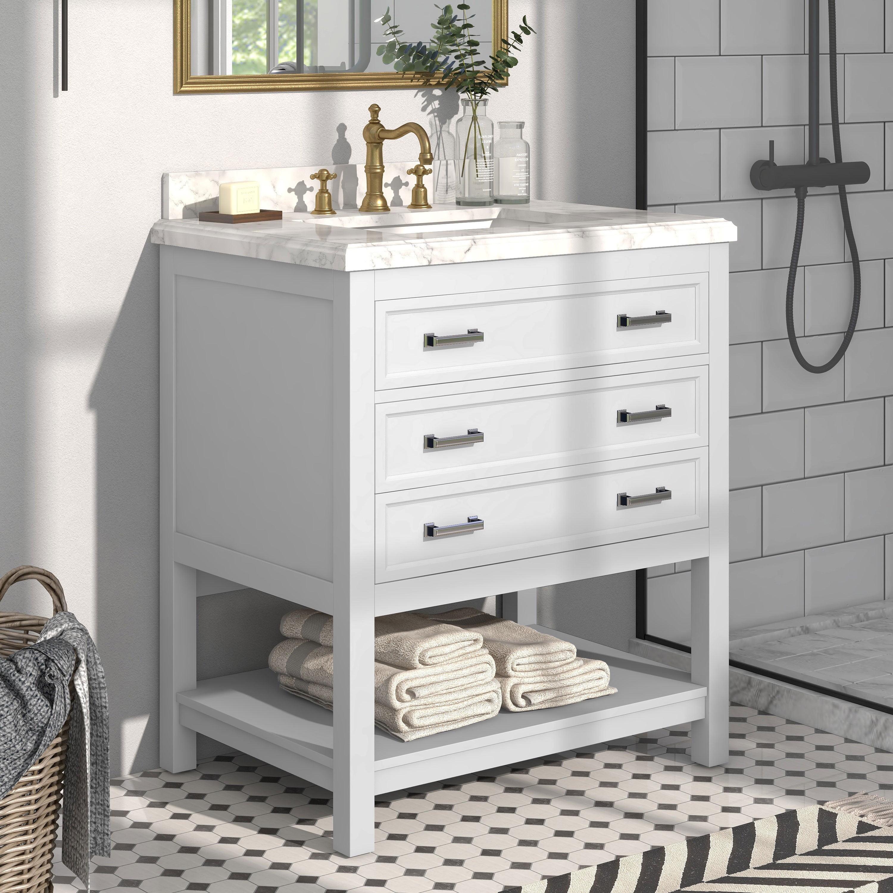 Freestanding White Single Bathroom Vanity with Carrara Marble Top