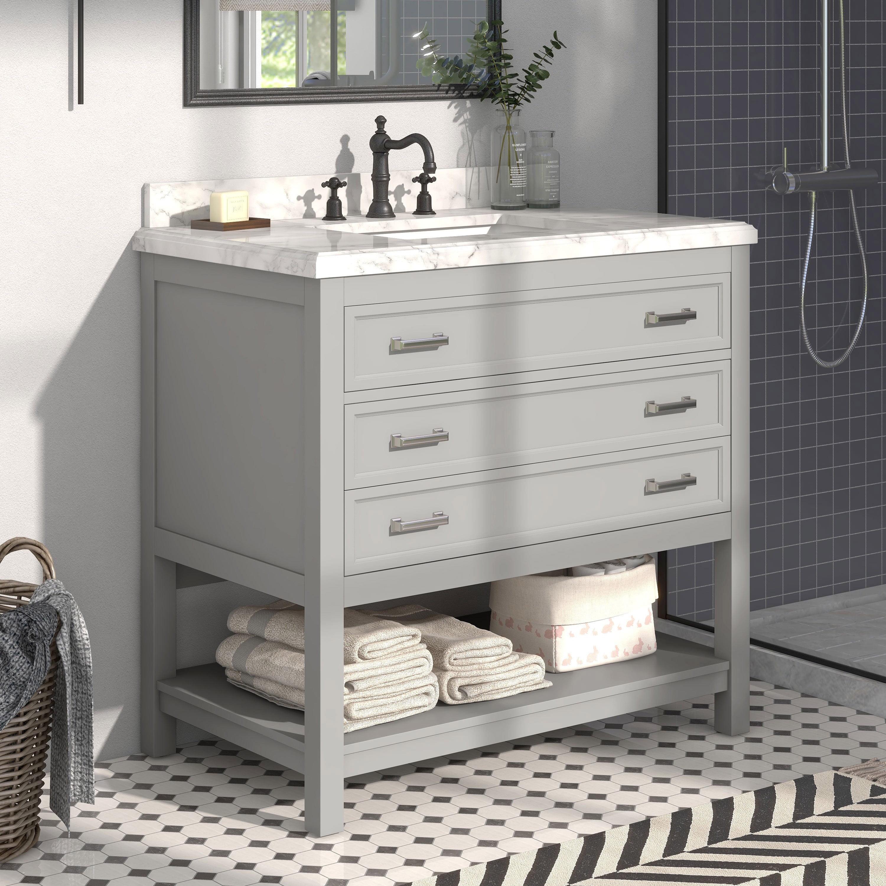 Gray Pine Wood Single Bathroom Vanity with Carrara Marble Top