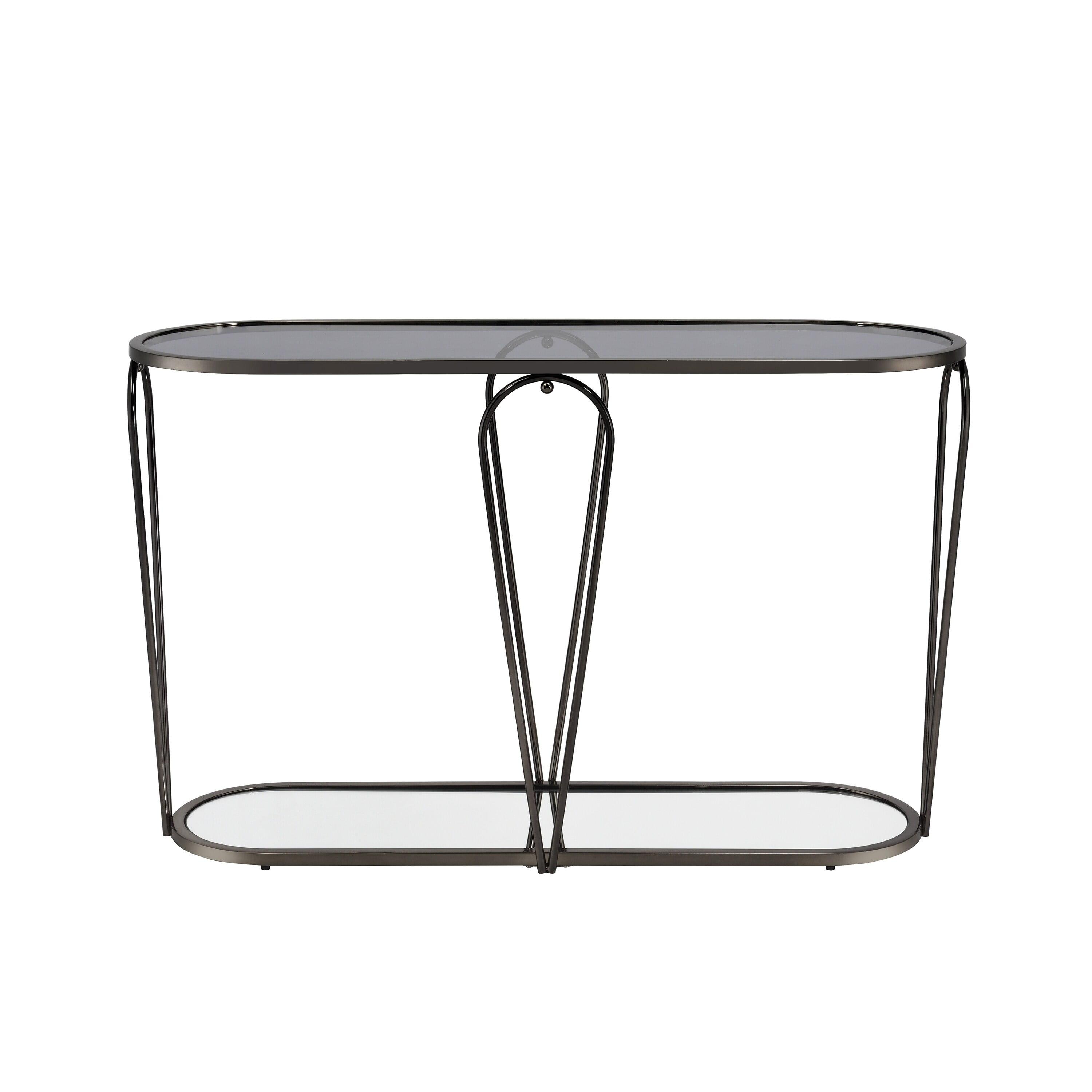 Gray Nickel 48-Inch Glass Top Sofa Table with Mirrored Shelf