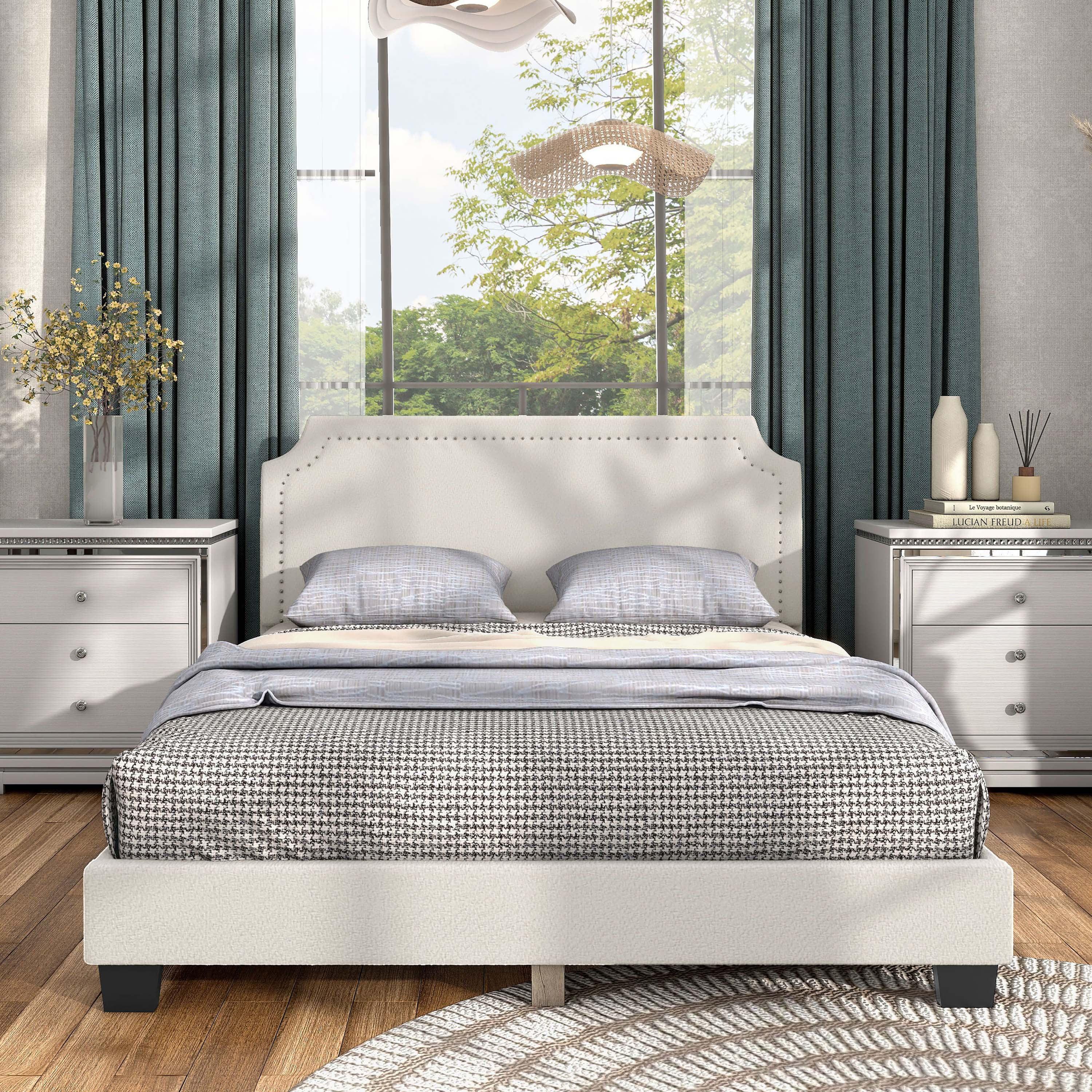 White Boucle Upholstered Queen Bed with Nailhead Trim and Wood Frame