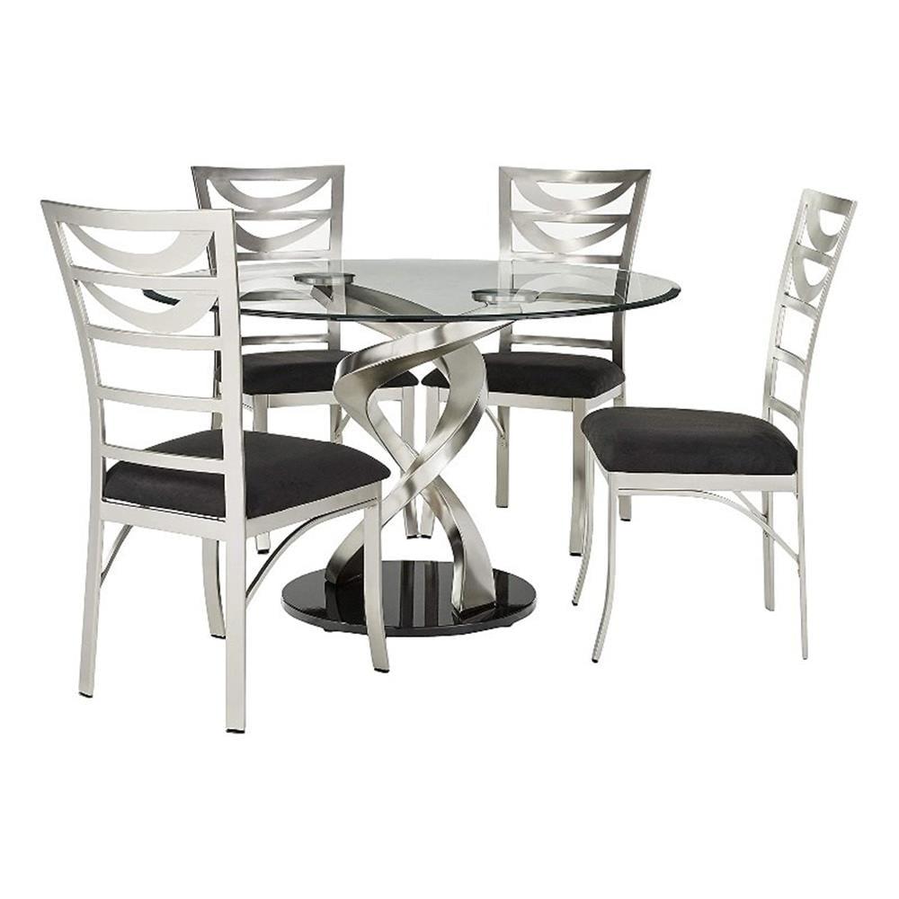 Silver and Black Round Stainless Steel Dining Set with Glass Top