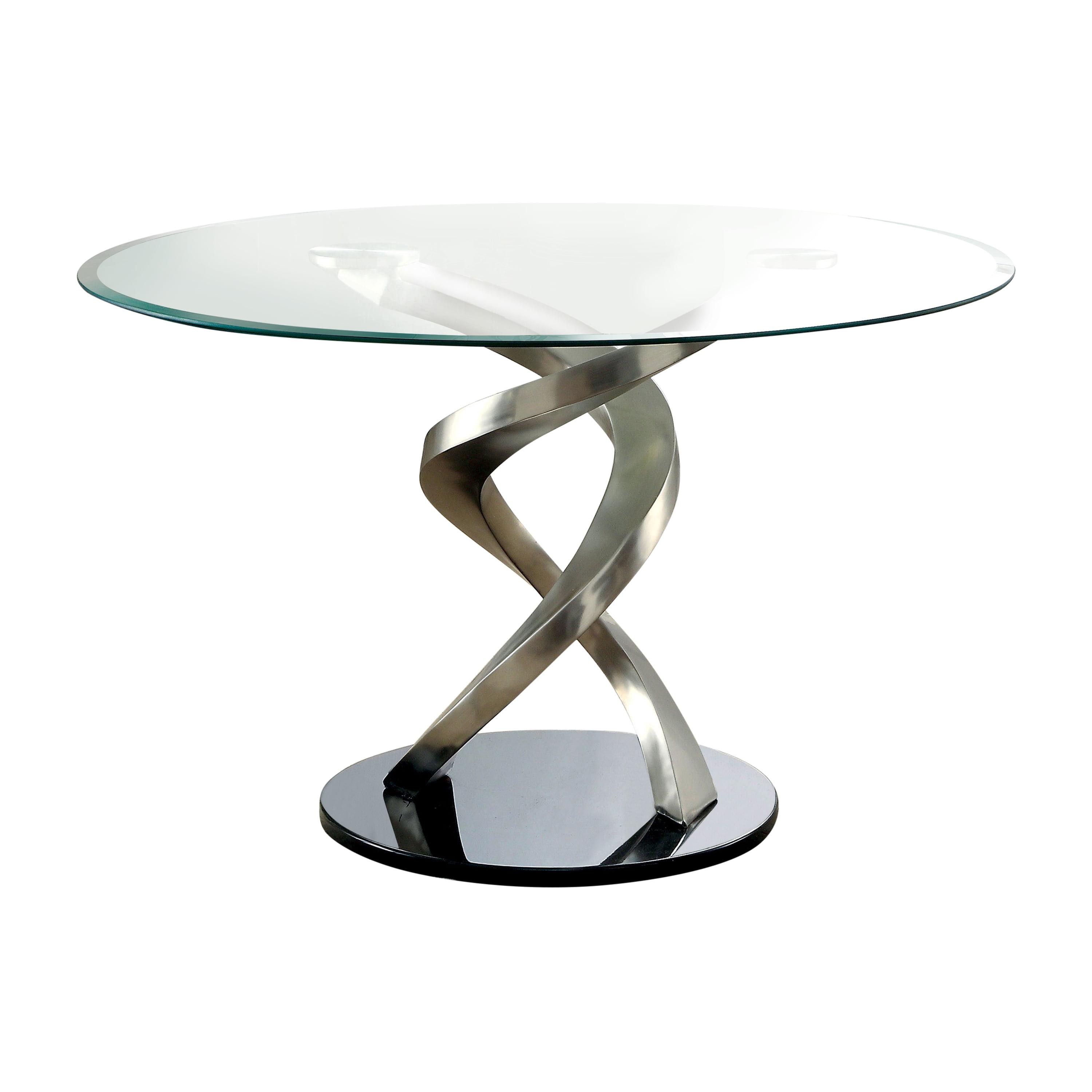 Clear Glass and Silver Metal Round Dining Table with Abstract Base