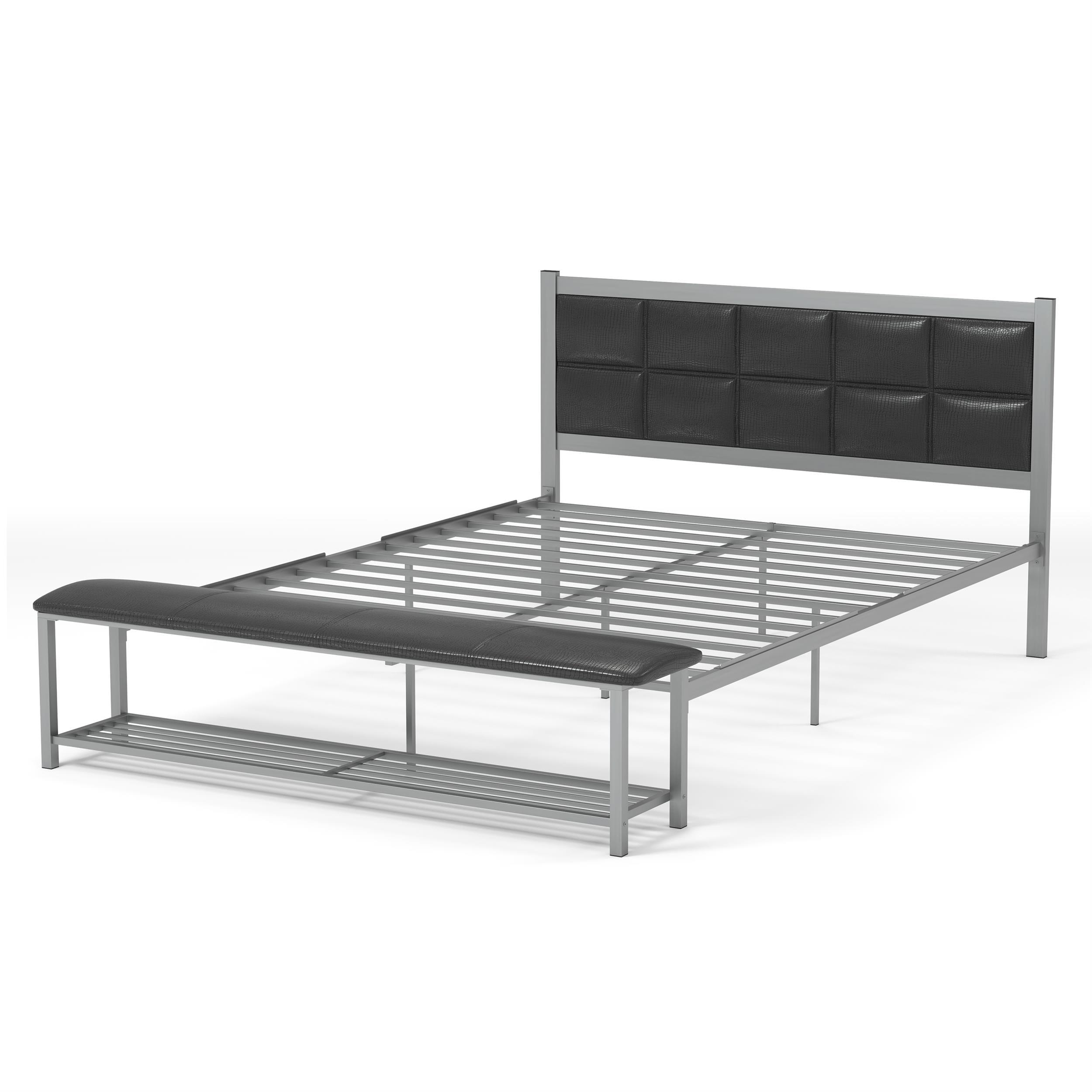 Arabel Queen Upholstered Platform Bed with Storage in Dark Metal