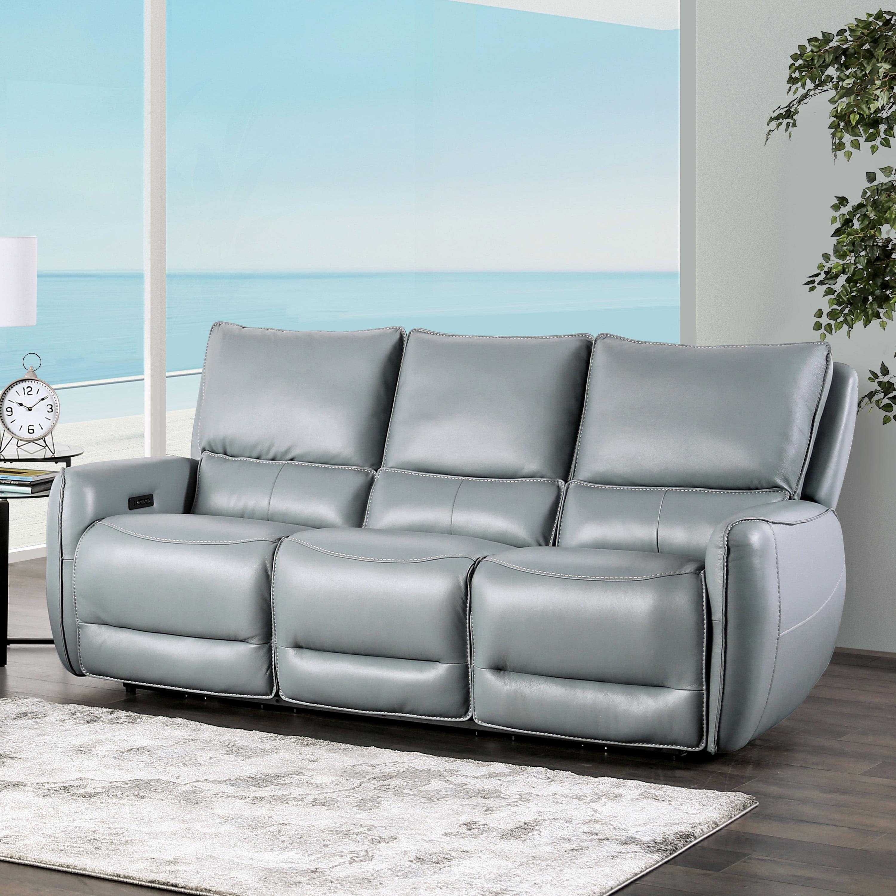 Furniture of America Larchvale Transitional Adult Leather Zero Gravity Power Reclining Sofa with USB Port, Pale Blue