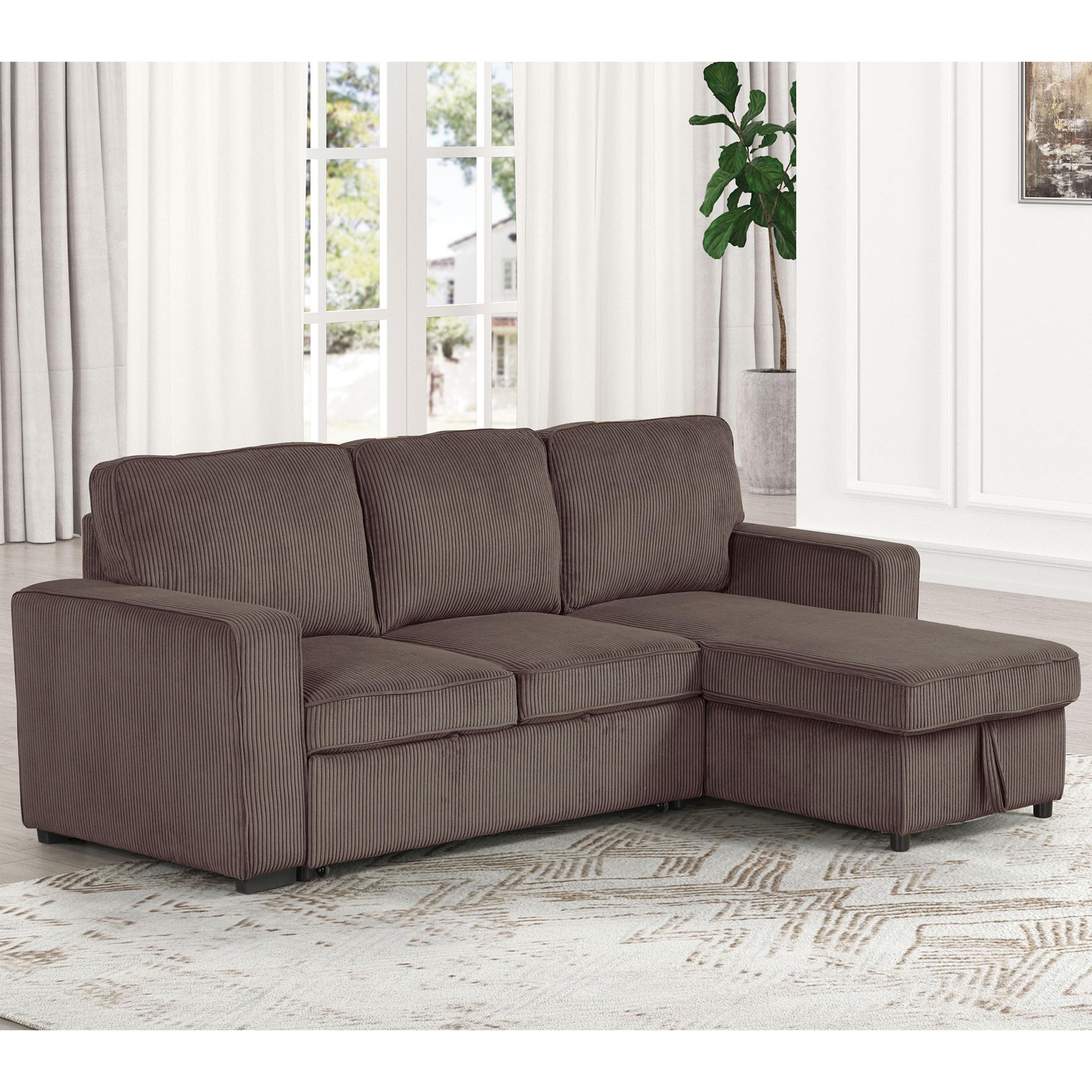 HOMES: Inside + Out Paeke Sleeper Sectional Sofa Corduroy with Storage Chaise and Reversible Brown