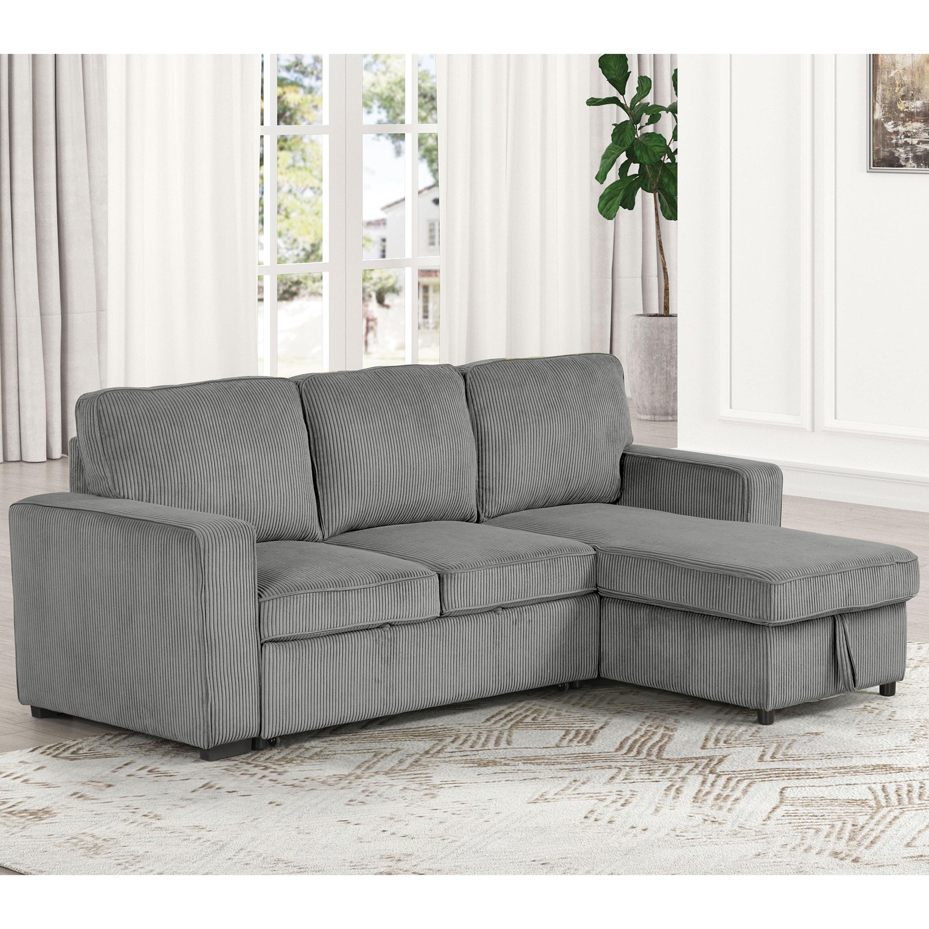 HOMES: Inside + Out Paeke Sleeper Sectional Sofa Corduroy with Storage Chaise and Reversible Dark Gray