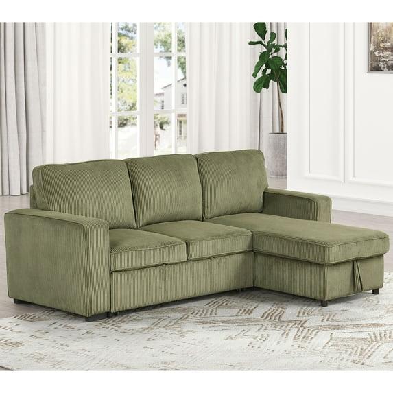 HOMES: Inside + Out Paeke Sleeper Sectional Sofa Corduroy with Storage Chaise and Reversible Green
