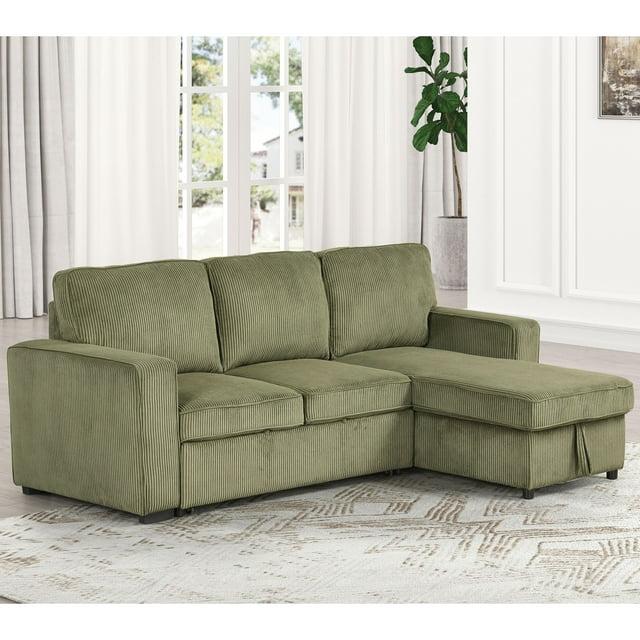 HOMES: Inside + Out Paeke Sleeper Sectional Sofa Corduroy with Storage Chaise and Reversible Green