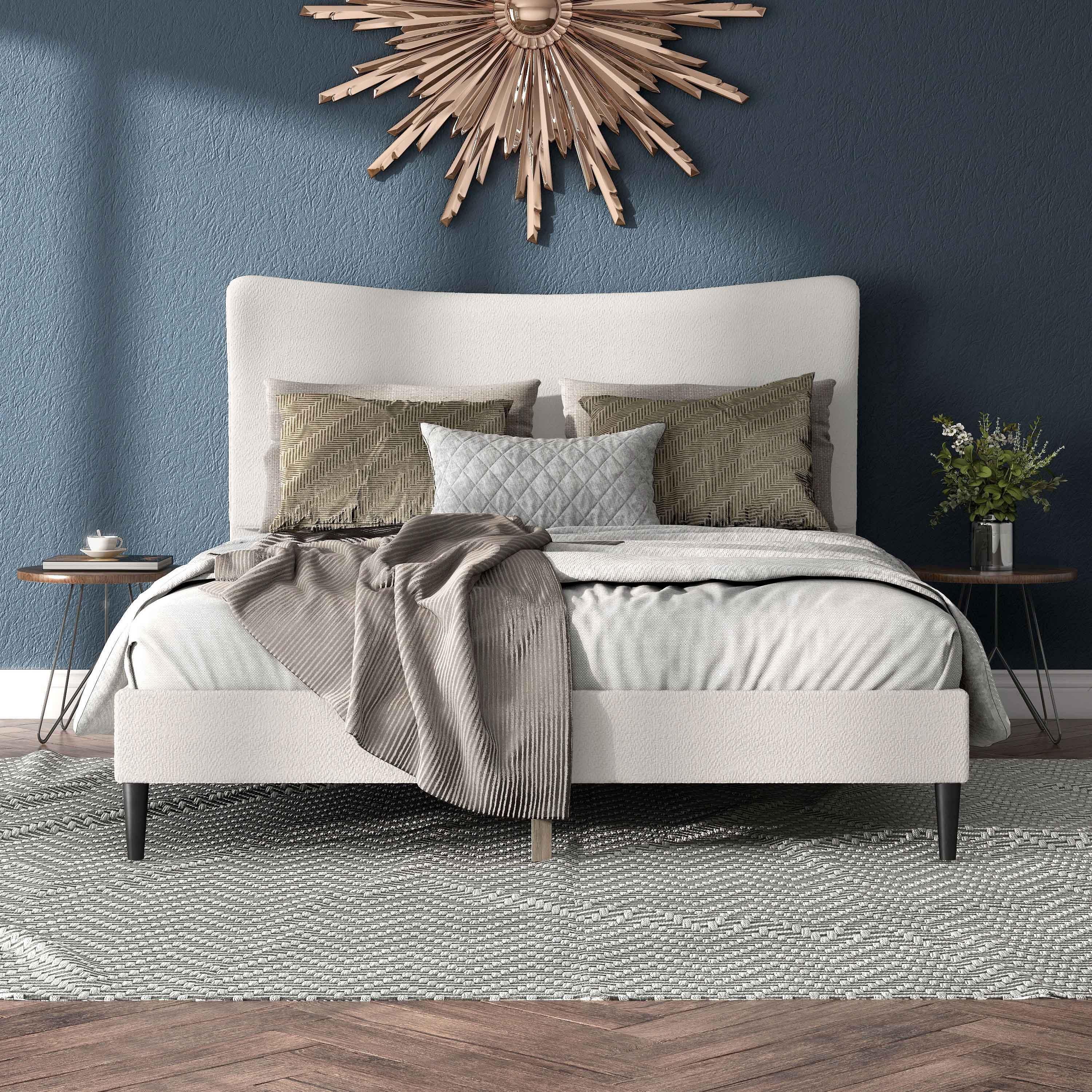 24/7 Shop At Home Queen Heartwild Modern Boucle Upholstered Wingback Platform Bed White