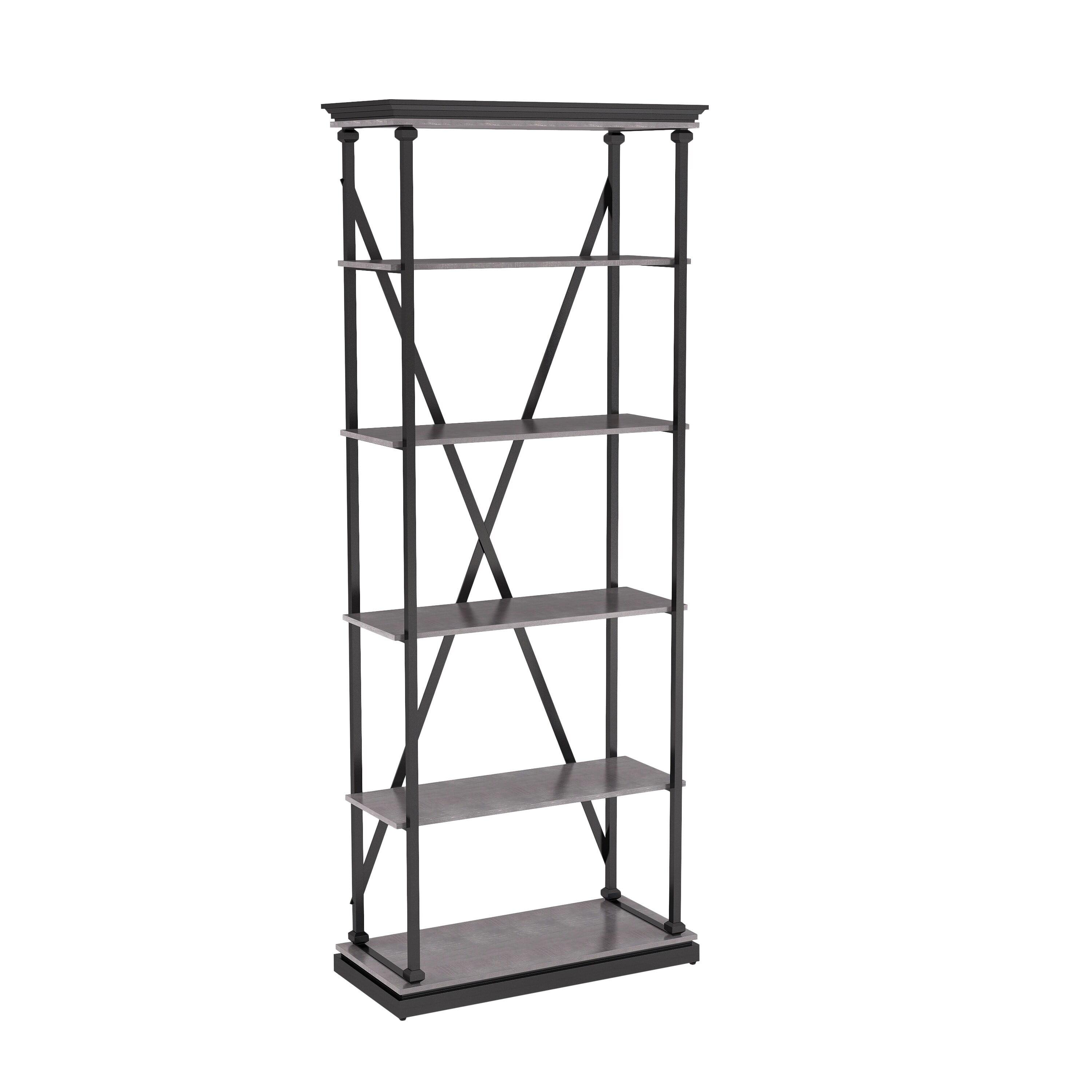 Antique Grey Metal 5-Layer Bookcase with Oak Veneer