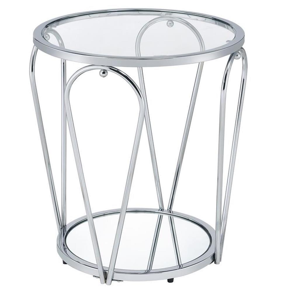 Chrome and Glass Round Contemporary End Table with Mirrored Shelf