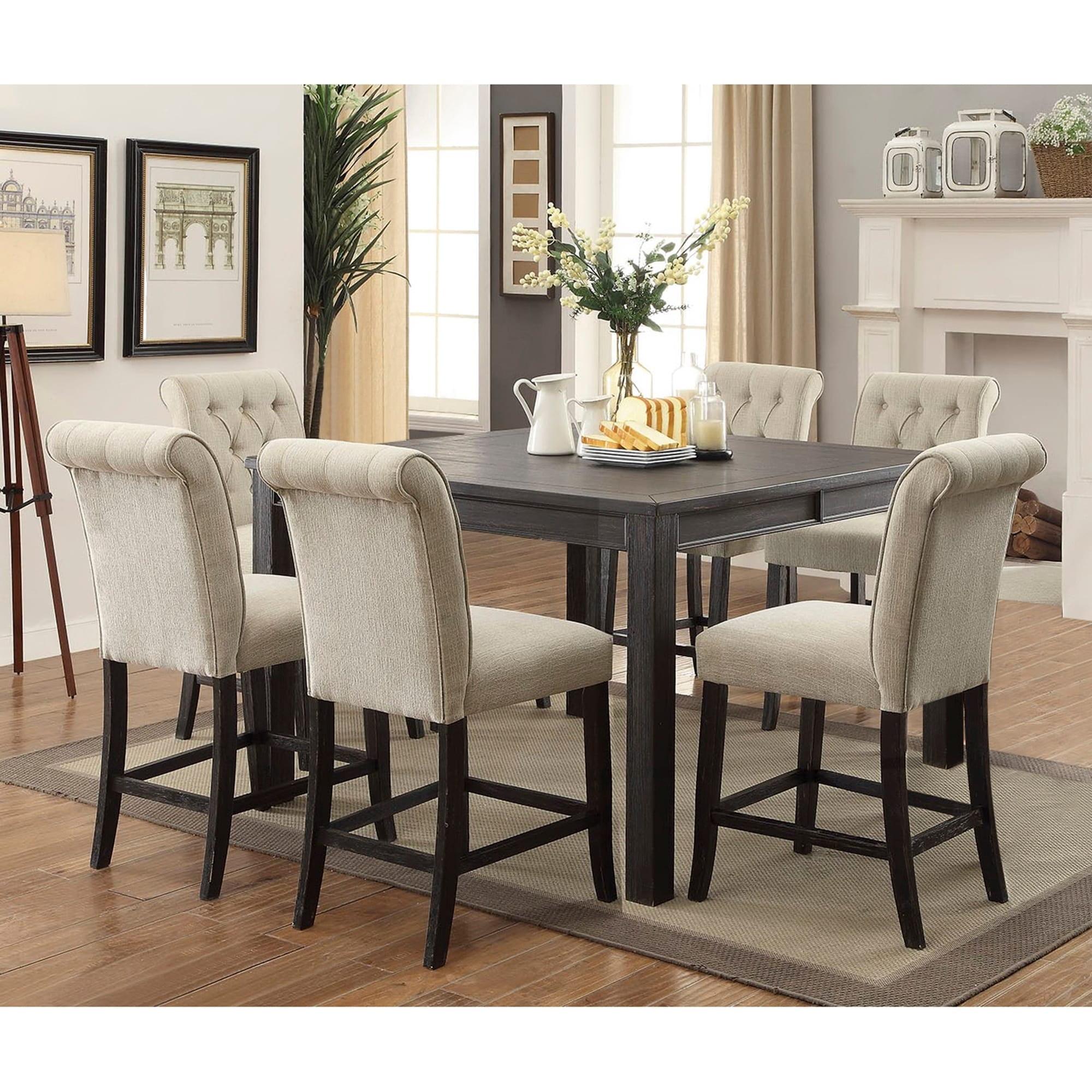 Rustic Black Wood 7-Piece Counter Height Dining Set with Ivory Upholstery