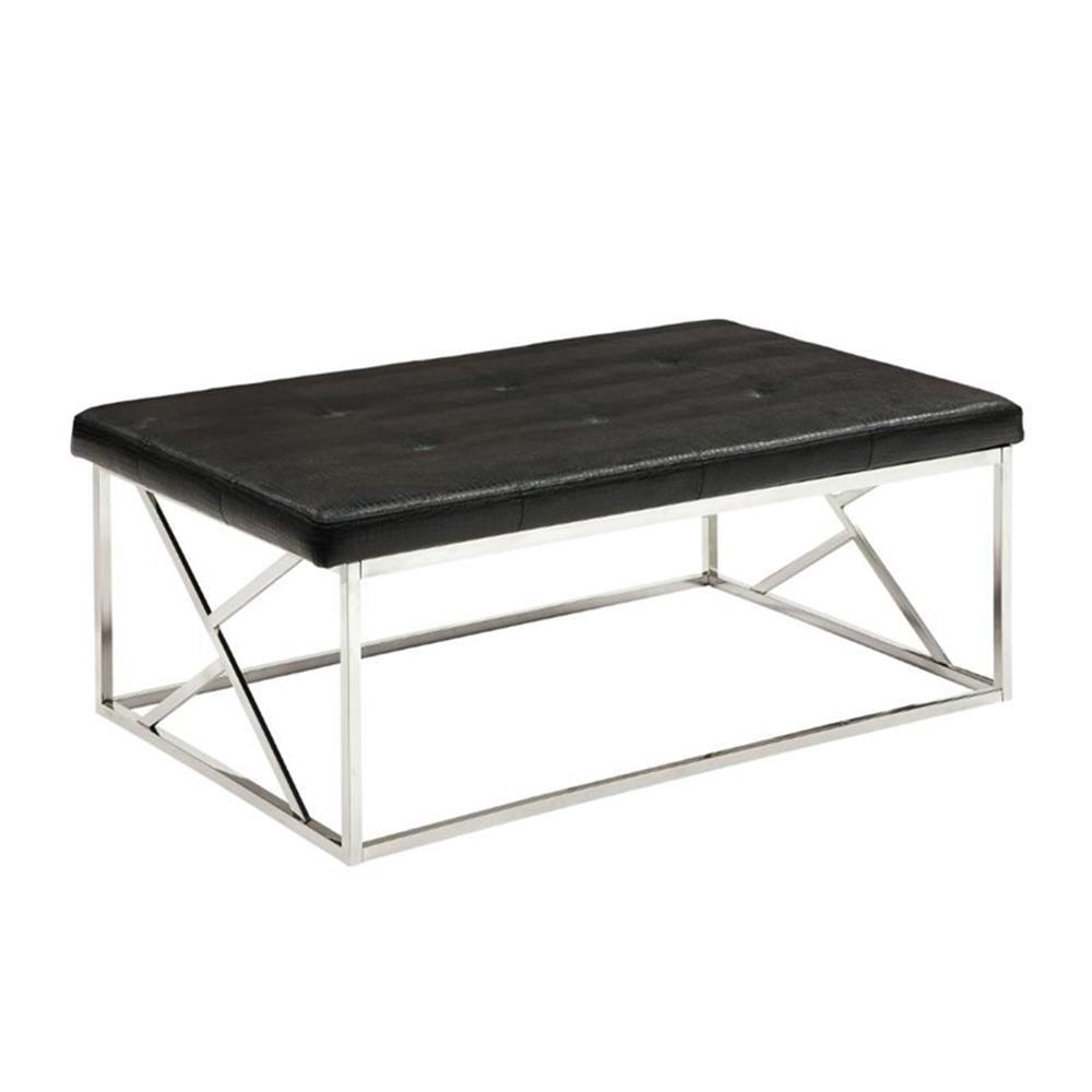 Black Faux Leather Tufted Bench with Chrome Base