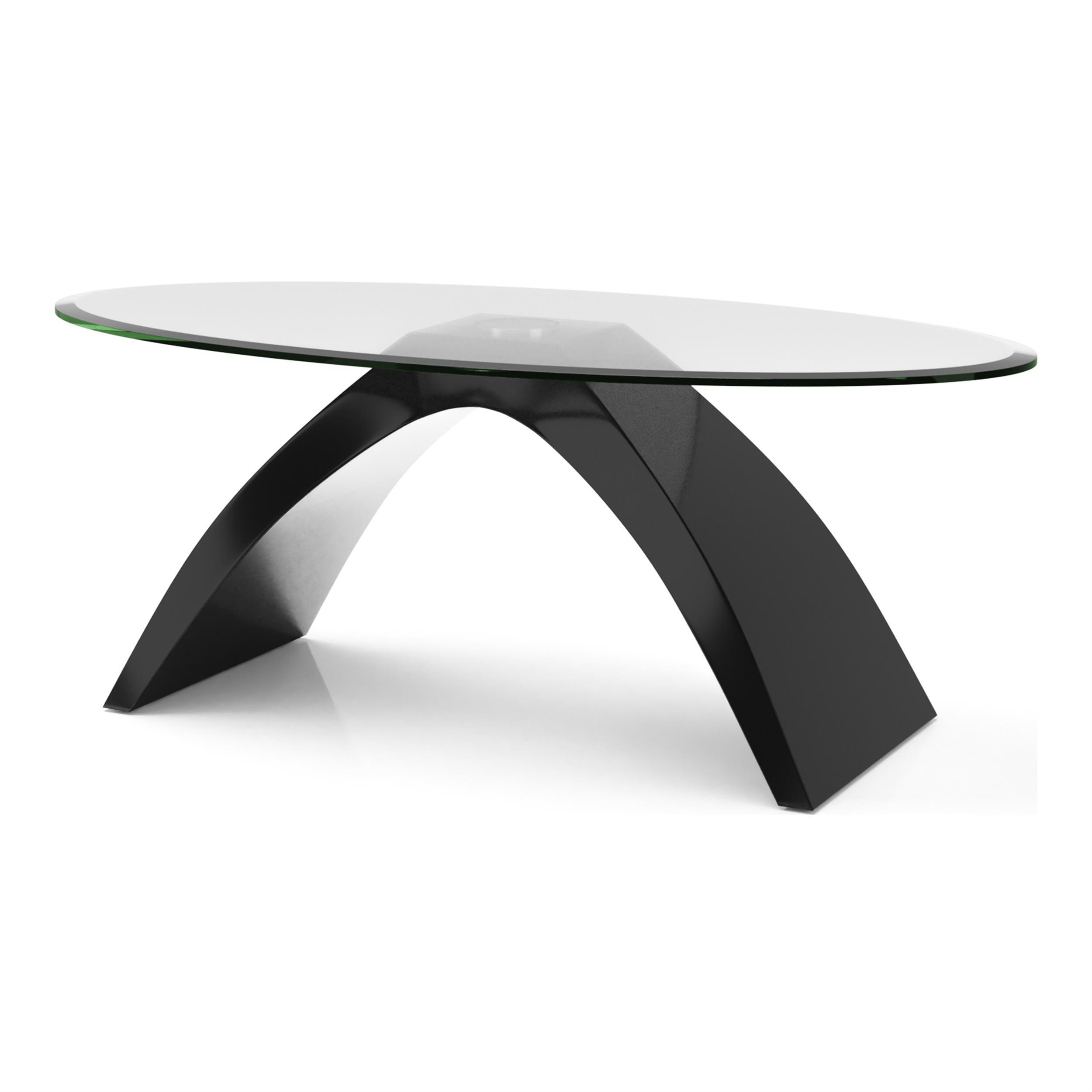 Contemporary Black Oval Glass Top Coffee Table with Abstract Base