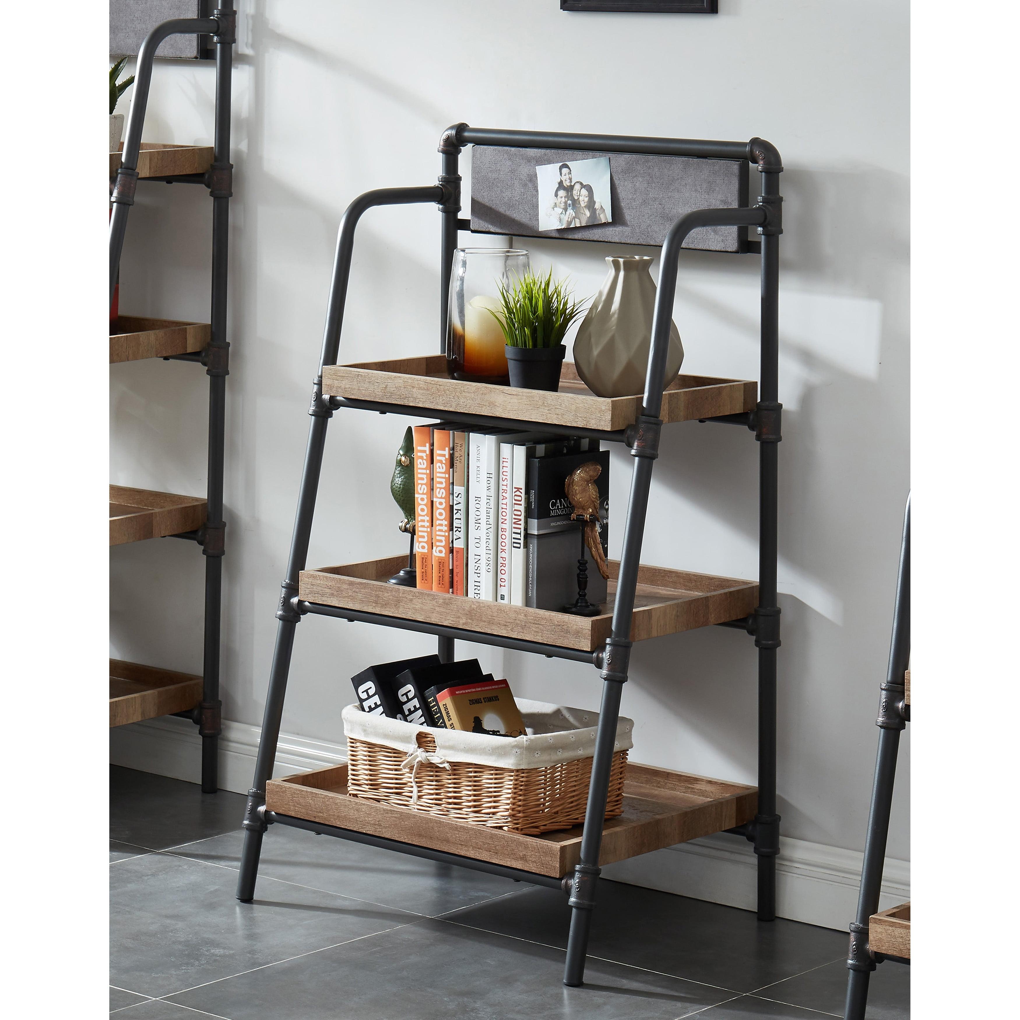 Pham Industrial Black Metal and Wood 3-Tier Ladder Bookshelf