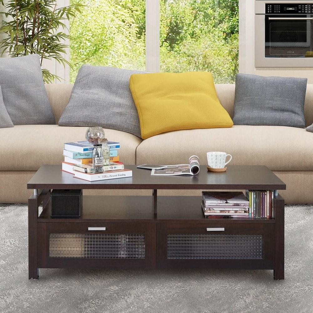 Espresso Wood and Metal Coffee Table with Storage and Acrylic Panels