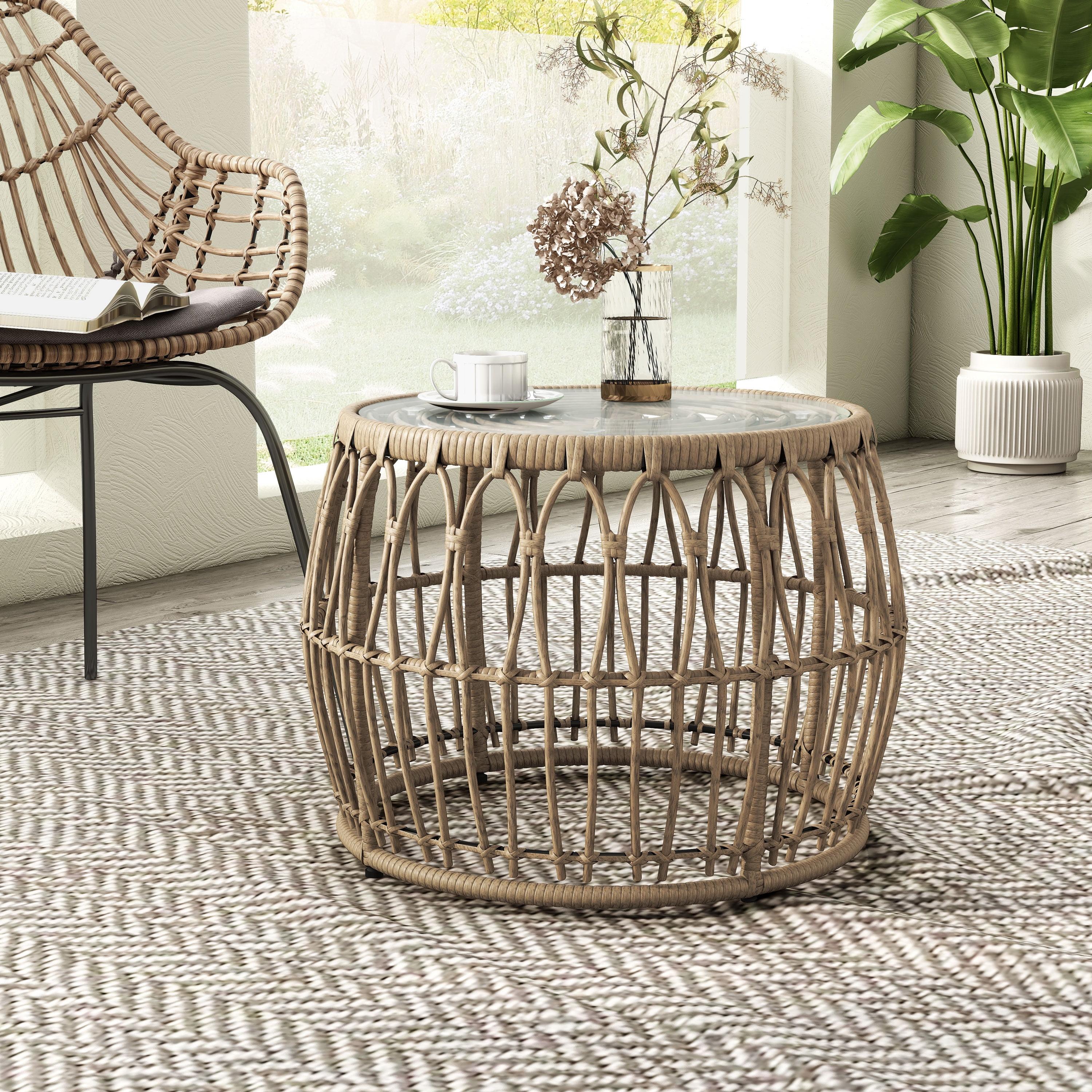 Natural Boho Rattan Round Coffee Table with Glass Top