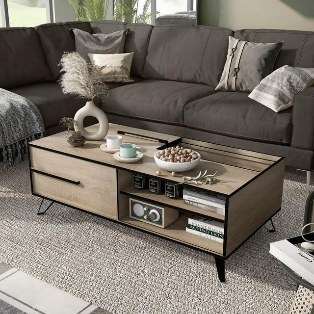 Furniture of America Saran Multi-Storage Coffee Table, Natural Oak