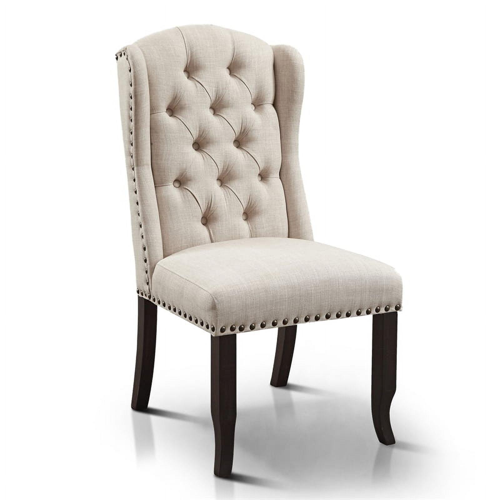 Beige Upholstered Wingback Side Chair with Antique Black Wood Legs