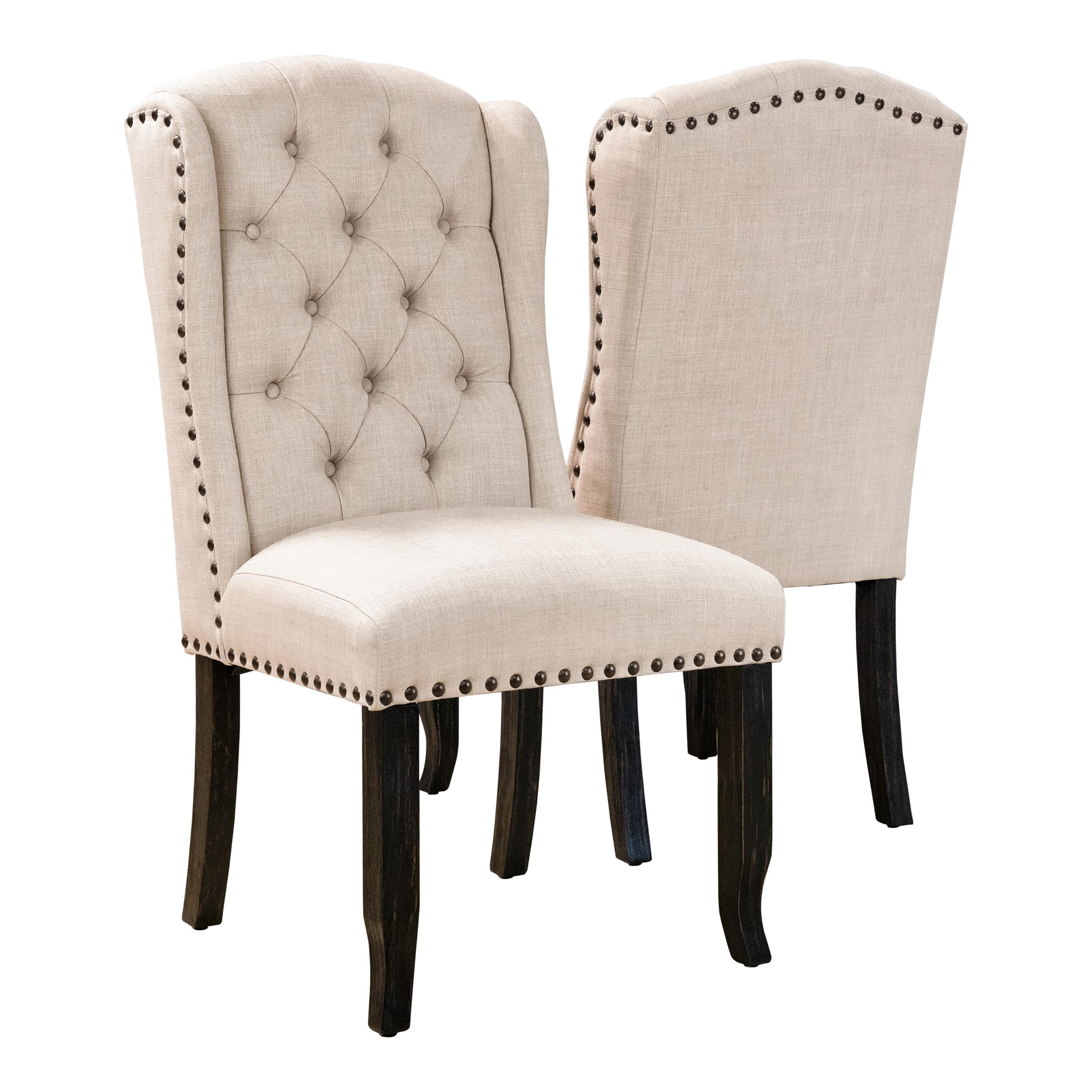 Beige Upholstered Wingback Side Chair with Antique Black Wood Legs