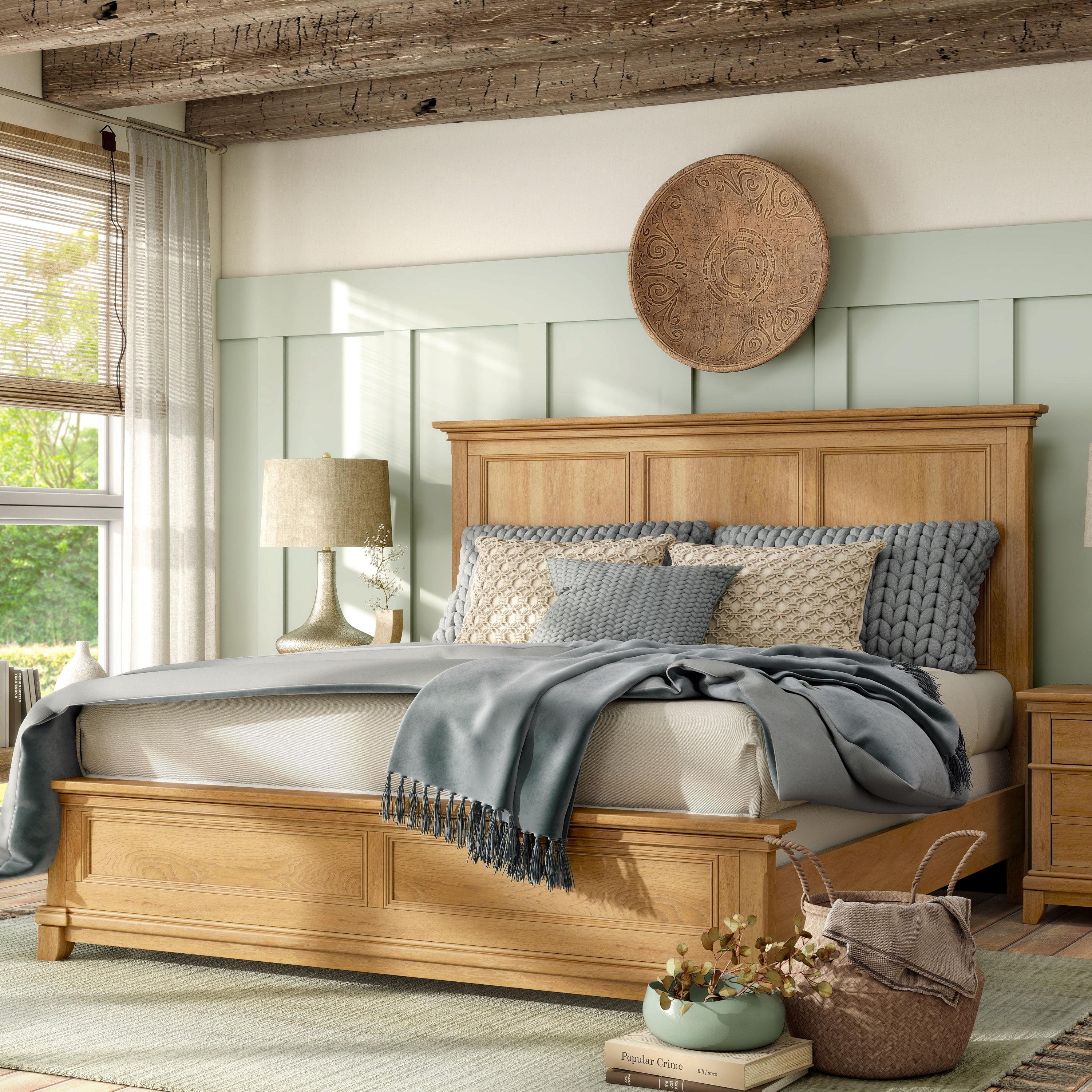 Furniture of America Stratford Solid Wood Queen Panel Bed, Natural Oak