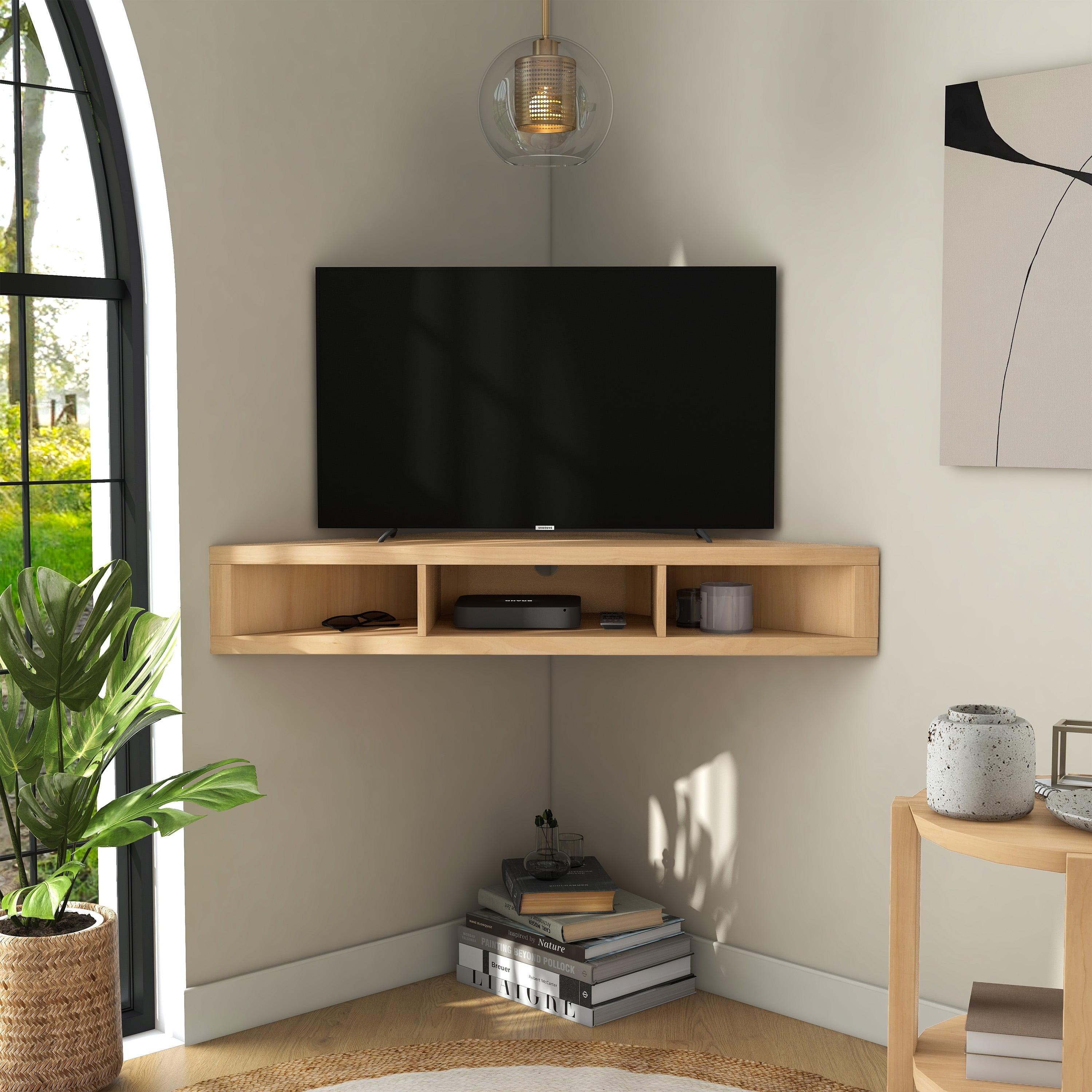 24/7 Shop At Home Tybo Open Shelves Corner Floating Console Fits TV Stand for TVs up to 50" Gingko Maple