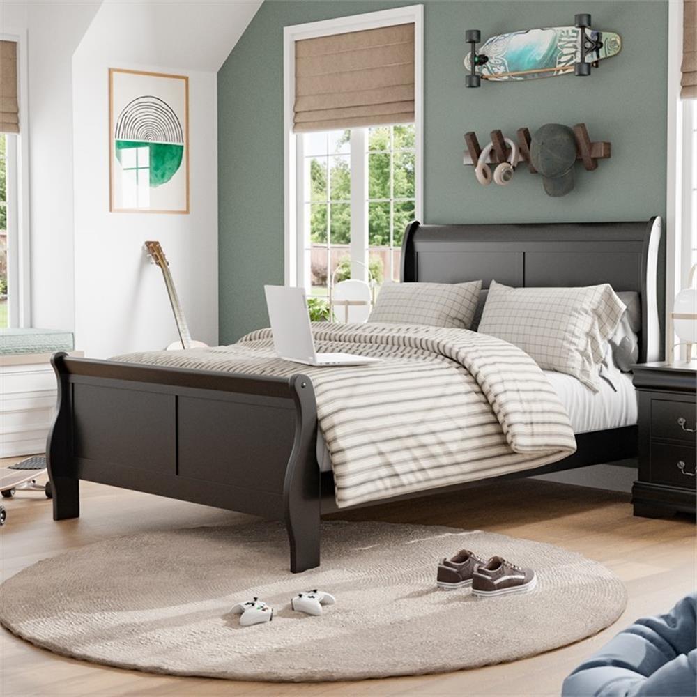 Black Solid Wood Sleigh Full Bed Frame with Headboard