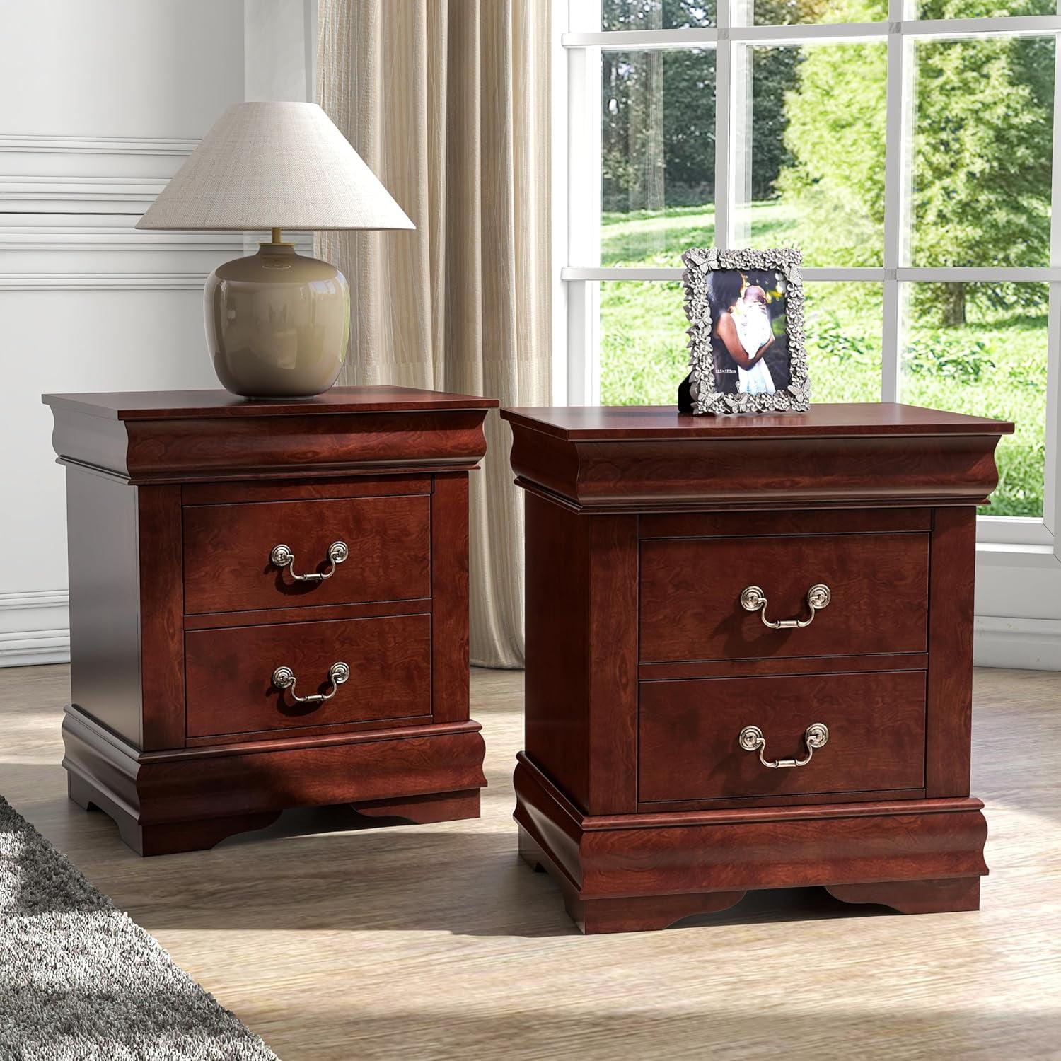 Cherry Wood 2-Drawer Nightstand Set with Antique Handles