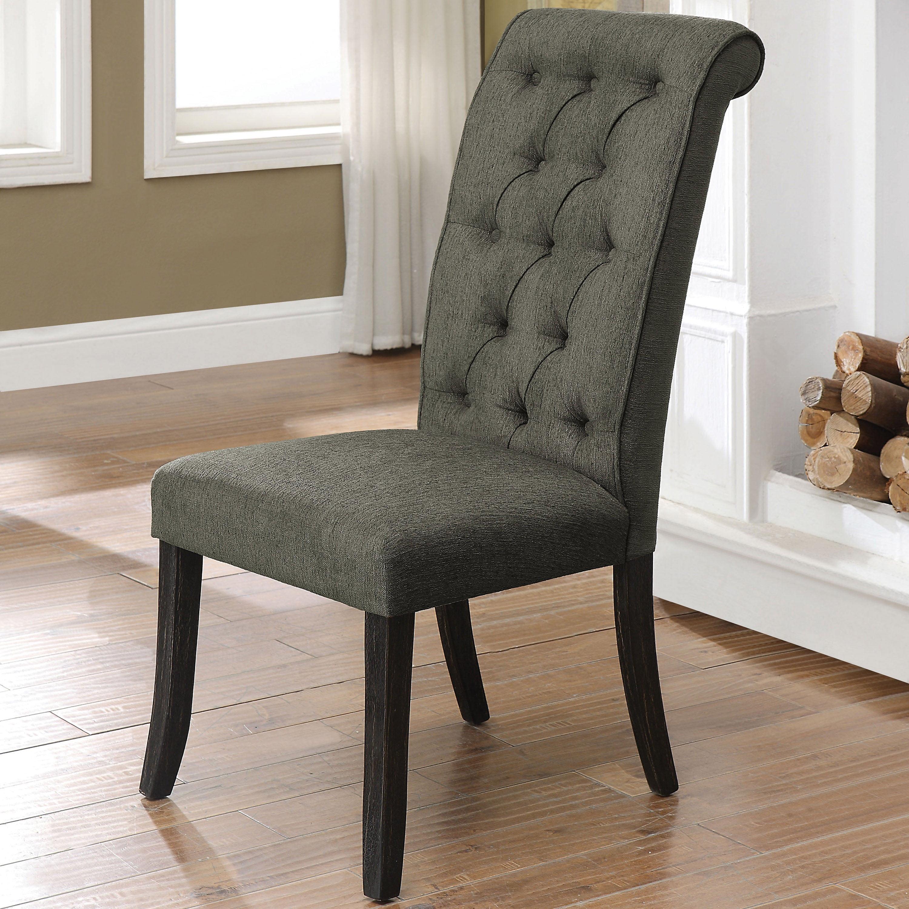 Gray Tufted Upholstered Side Chair with Antique Black Wood Legs