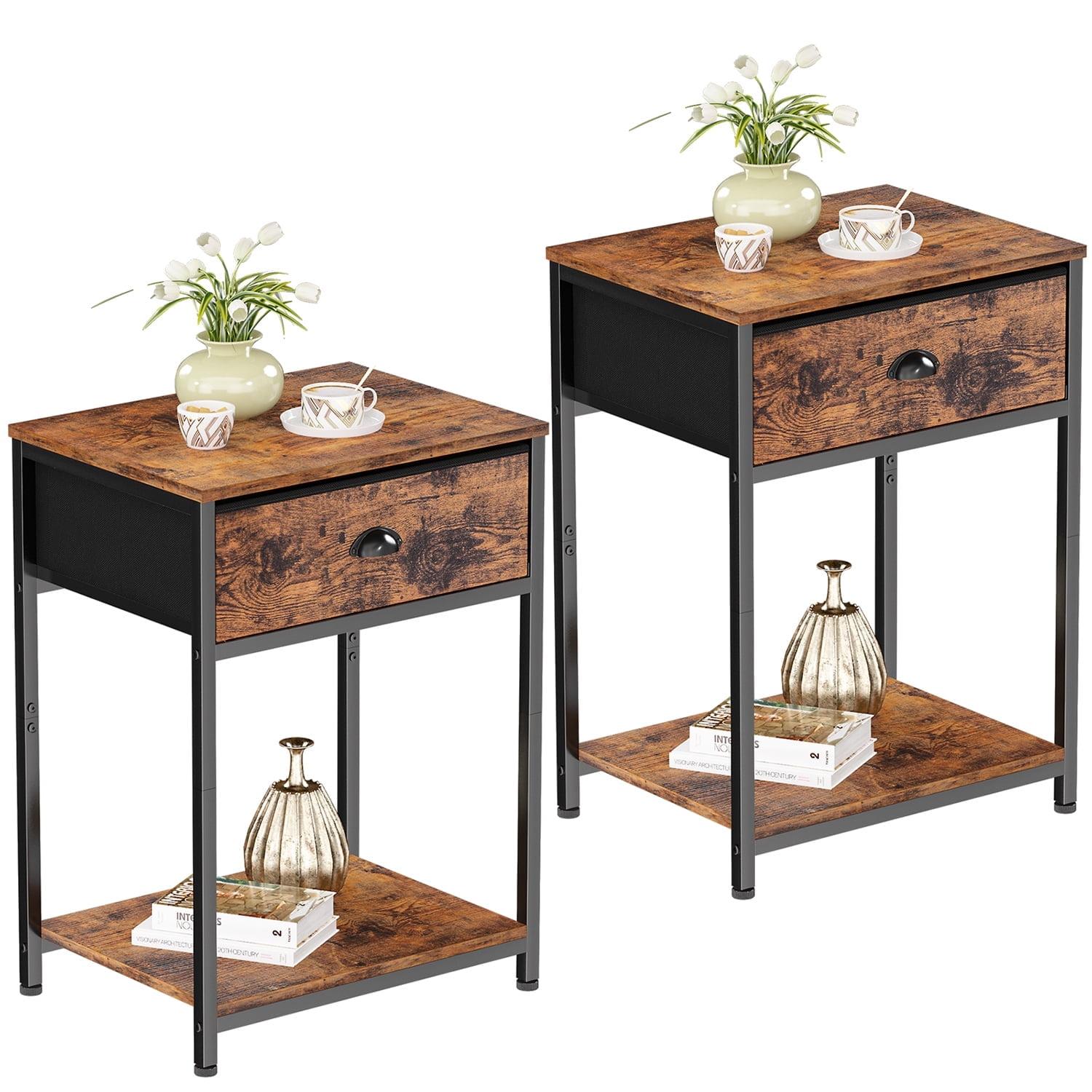 Rustic Brown Industrial Nightstands with Fabric Drawer and Storage Shelf