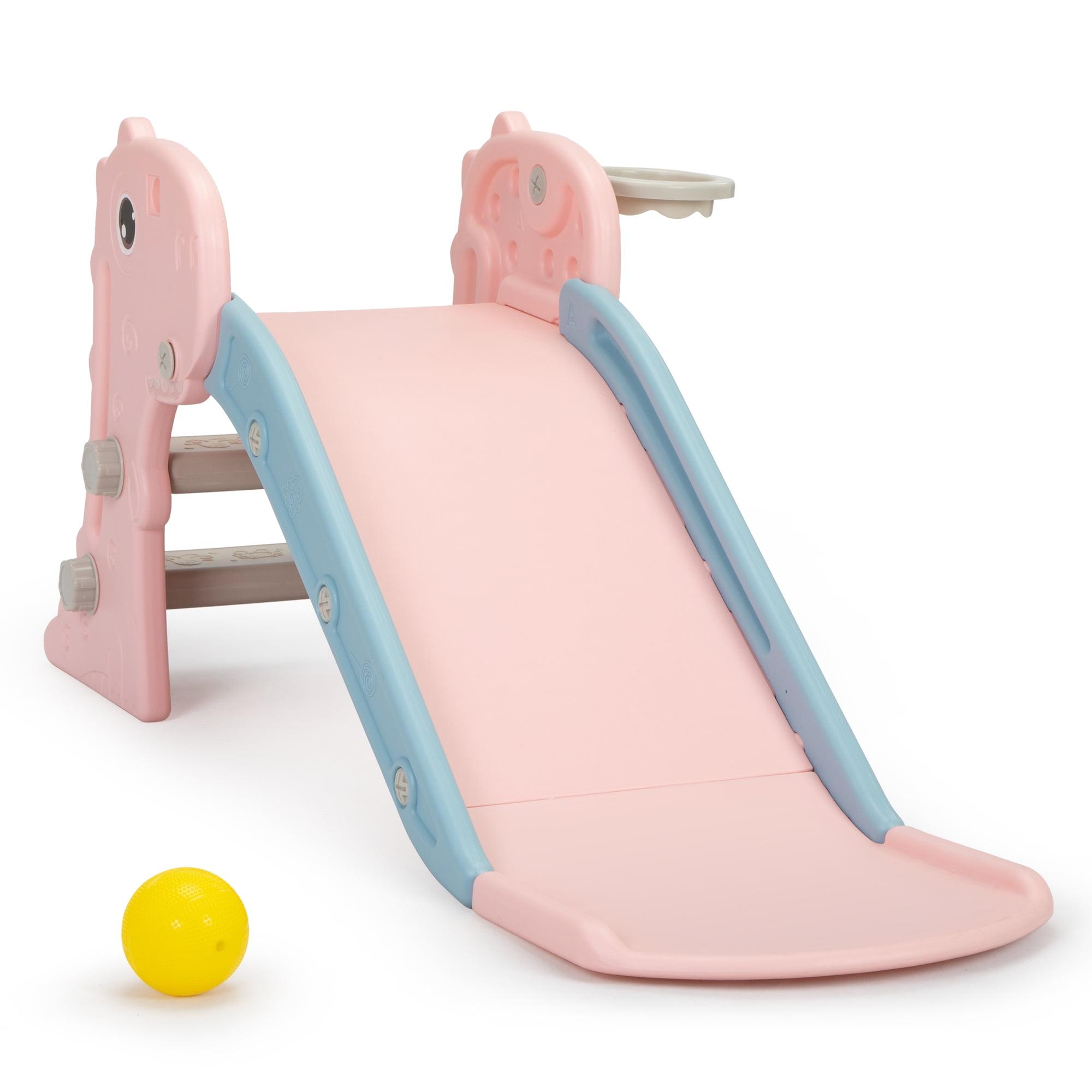 Pink Foldable Toddler Slide with Climbing Ladder and Basketball Hoop