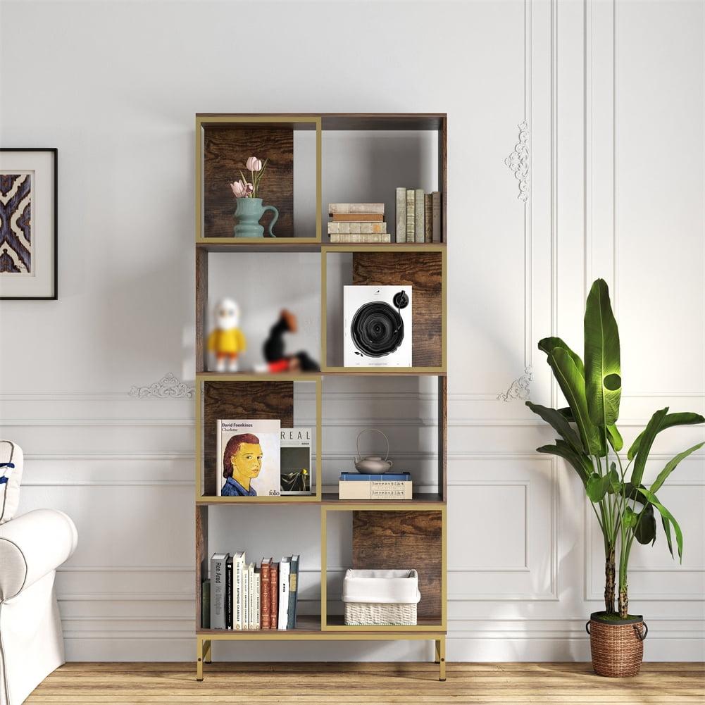 Brown and Gold Asymmetrical 4-Tier Wood Bookshelf