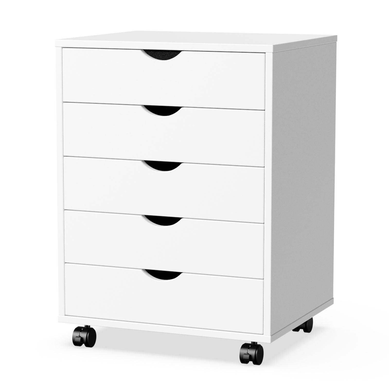 White 5-Drawer Mobile Wood Filing Cabinet with Lock