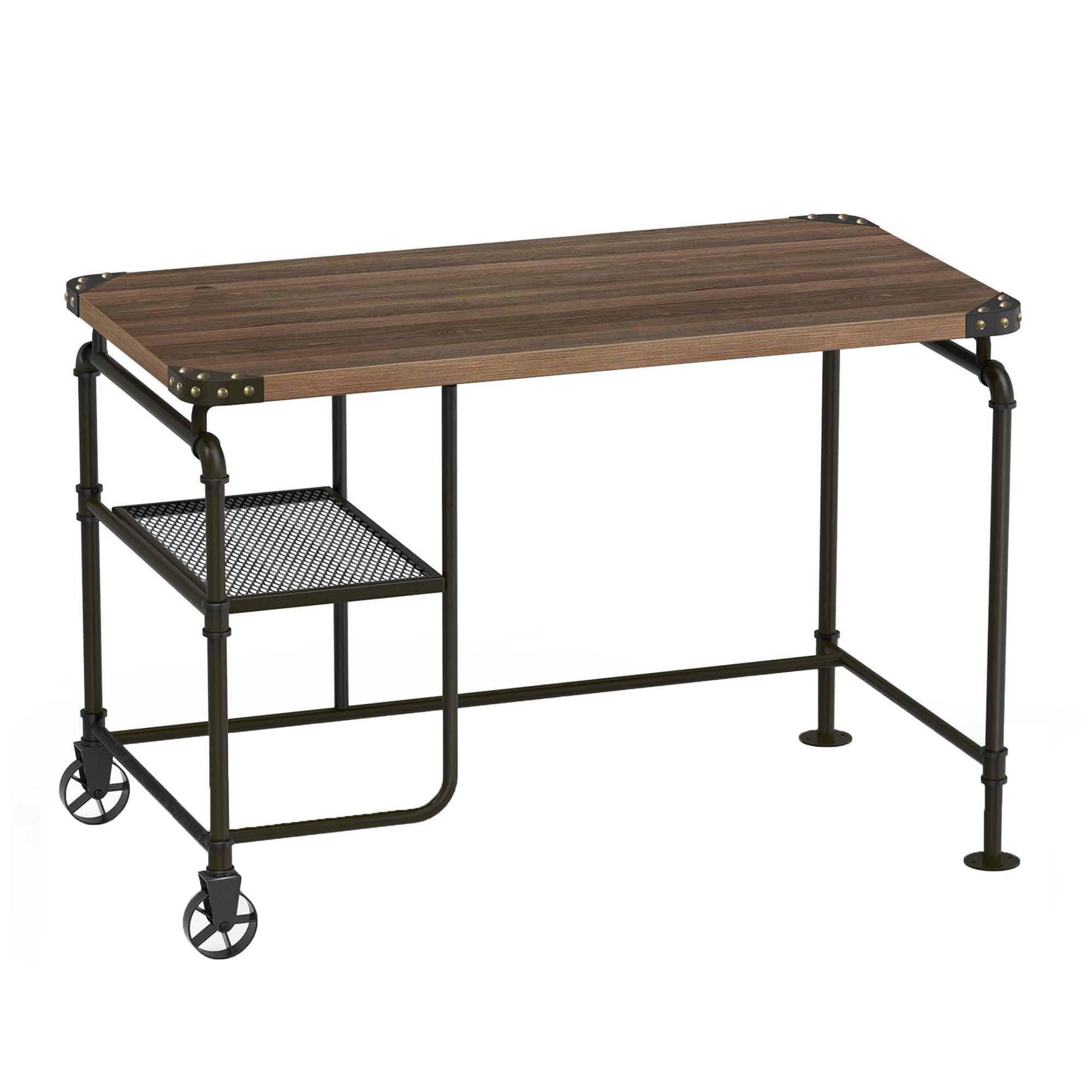 Brown Industrial Metal and Wood Office Desk with Shelf