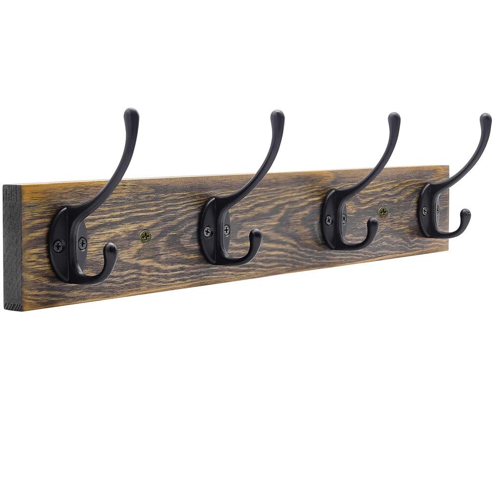 Futeen Wall Mounted Wooden Coat Rack with 4 Black Zinc alloy Hooks