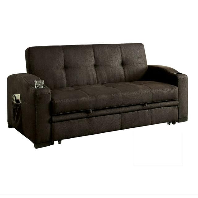 Benjara Futon Sofa, Brown Fabric Upholstery, Pull Out Base, Button Tufting