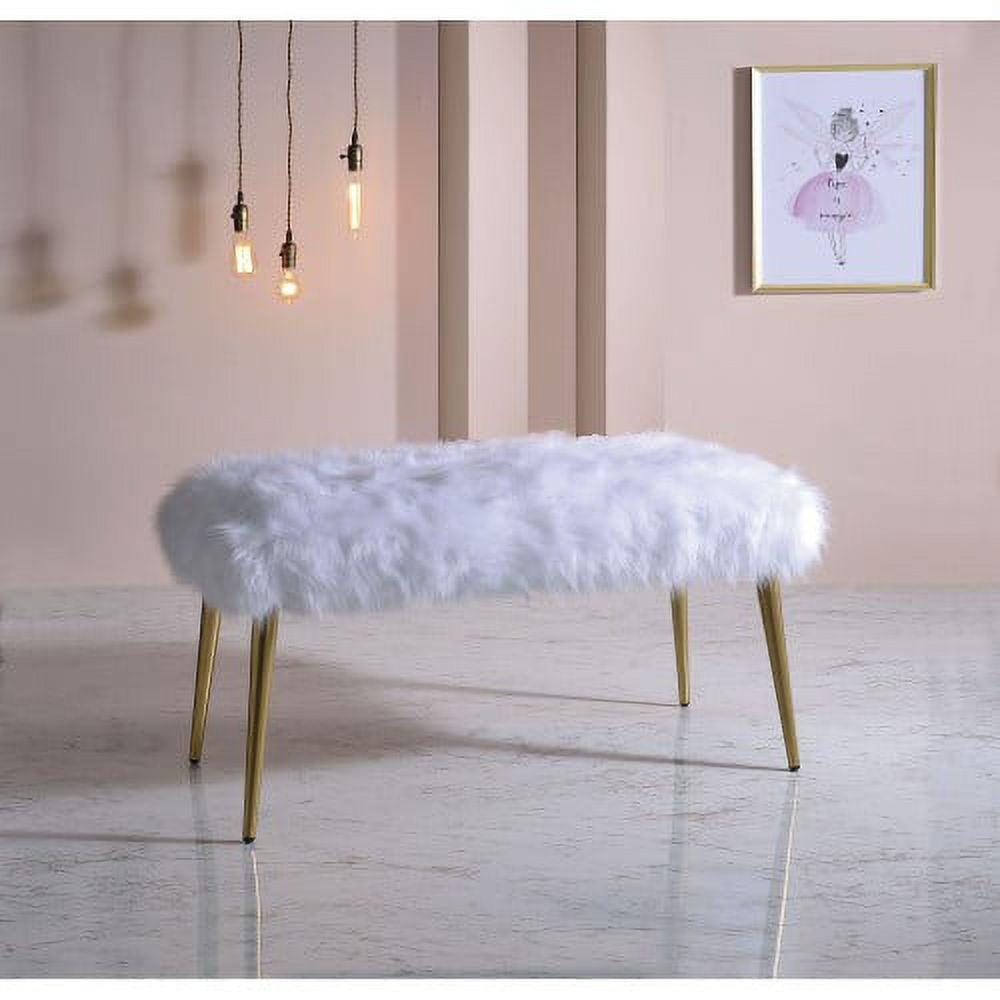Sophisticated White Faux Fur and Gold Metal Bedroom Bench