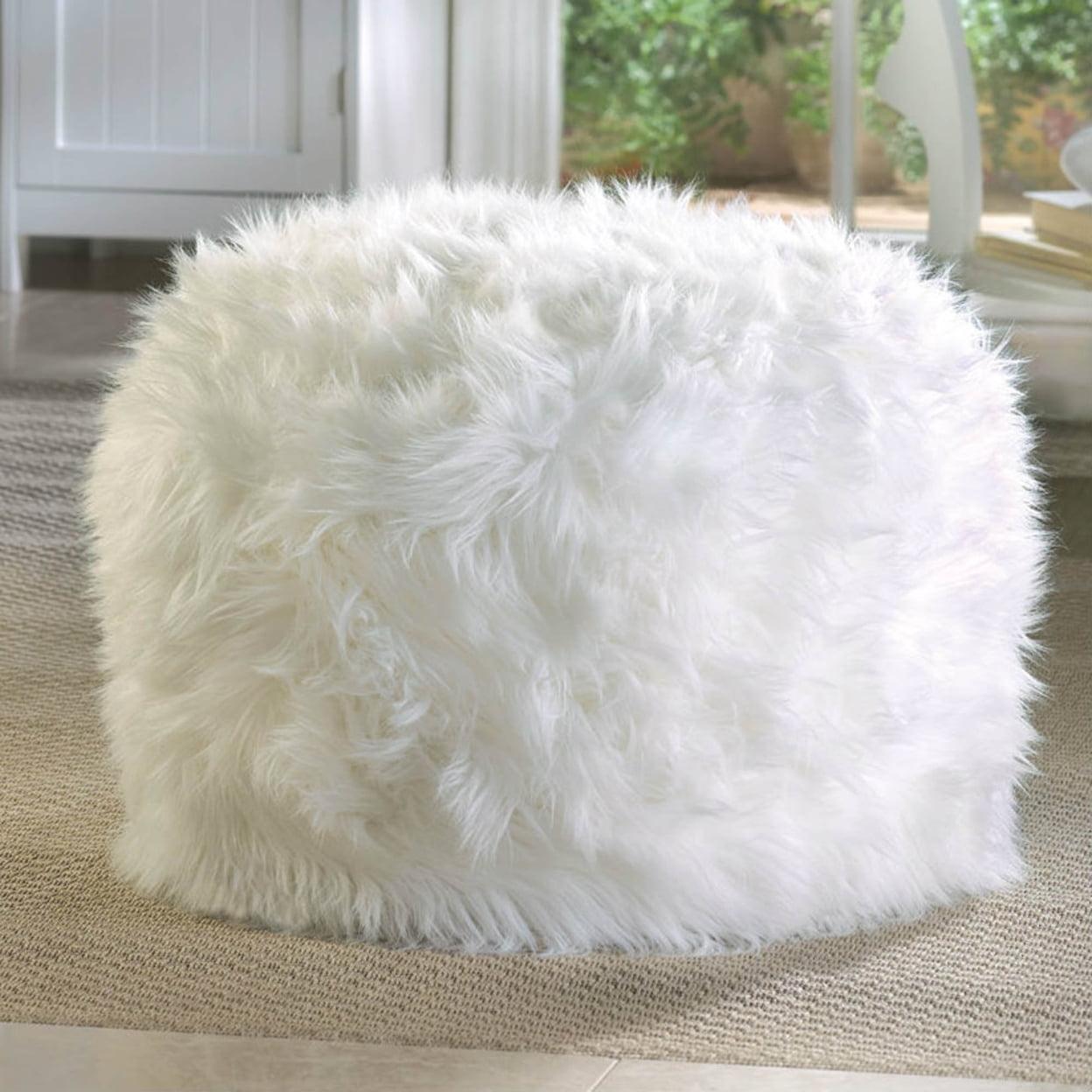 Koehler 15183 Fuzzy White Ottoman Pouf Home Decor, 19 inches in Diameter x 11.75 inches Tall