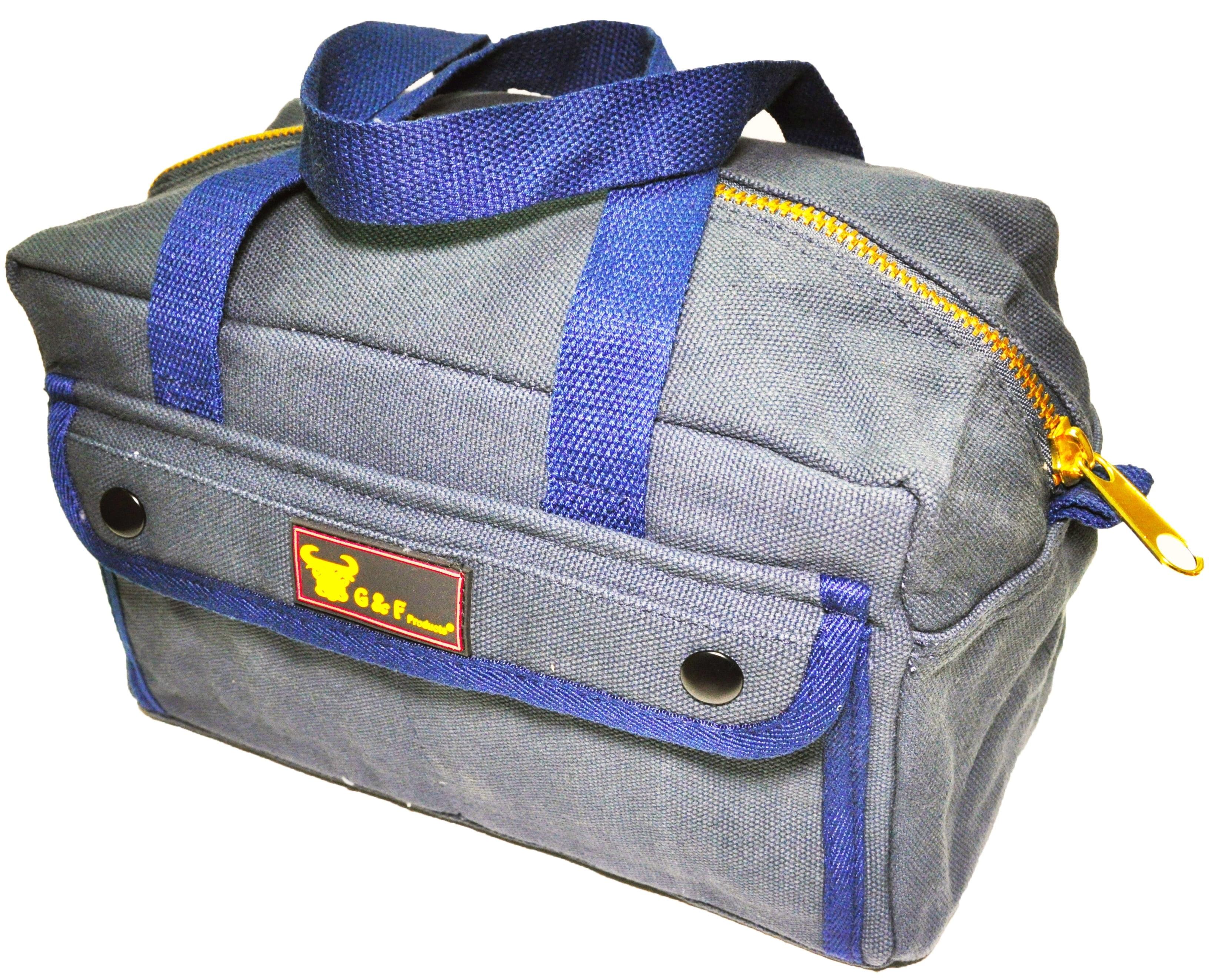 G & F Products New Tool Bag, Mechanics Style, Brass Zipper, Side Pockets, Grey, 11 Inch Long, 1 Pack