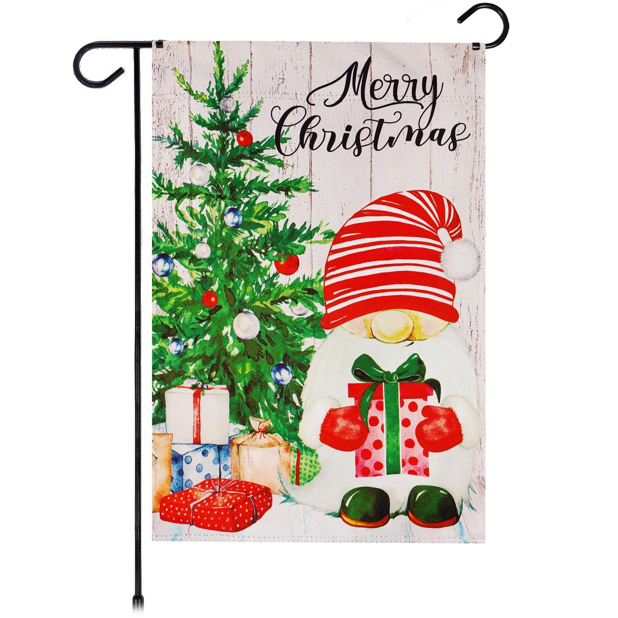 G128-12"x18" Christmas Garden Flag Double-Sided " Santa Gnome with Present Blockout Fabric